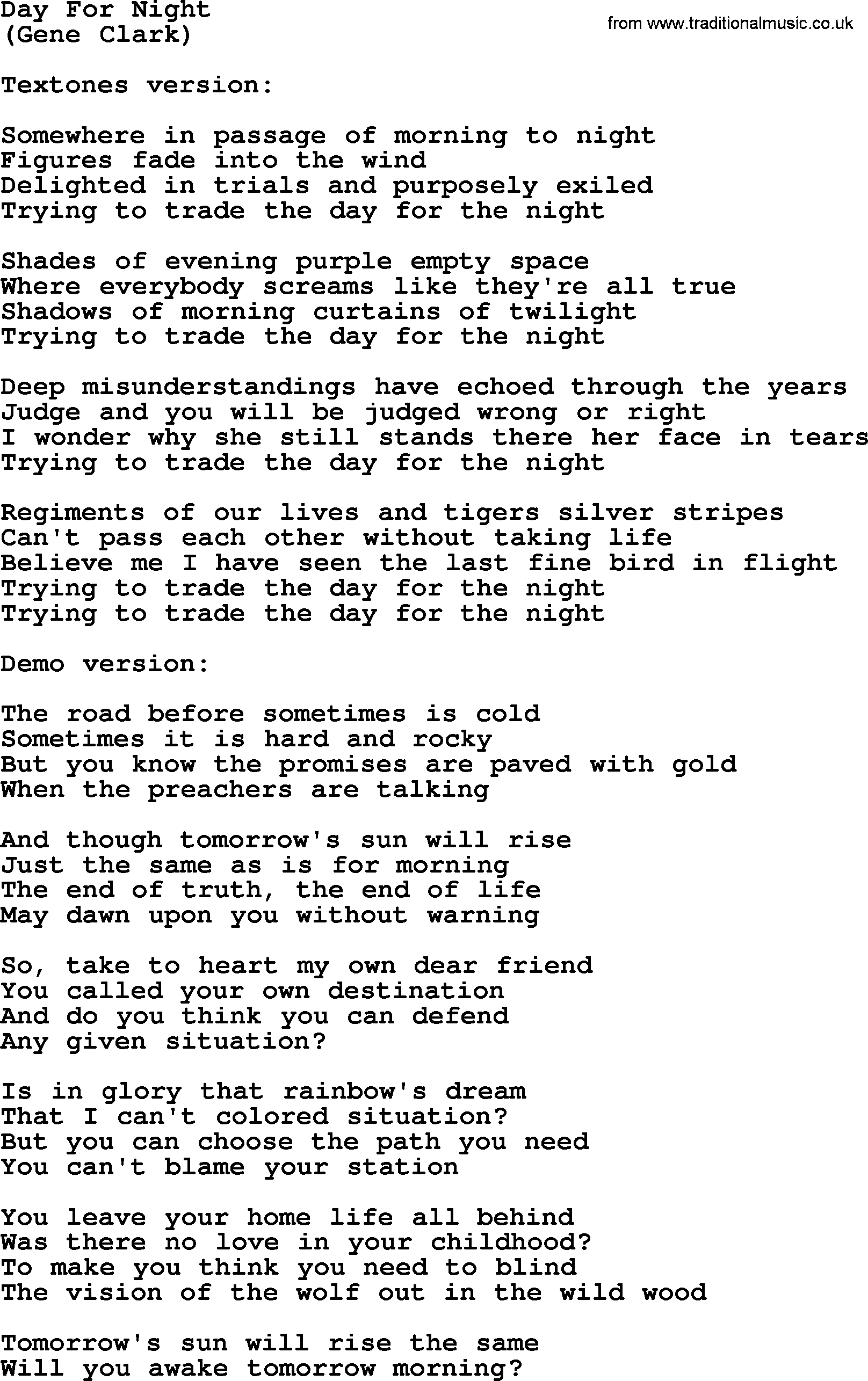 The Byrds song Day For Night, lyrics