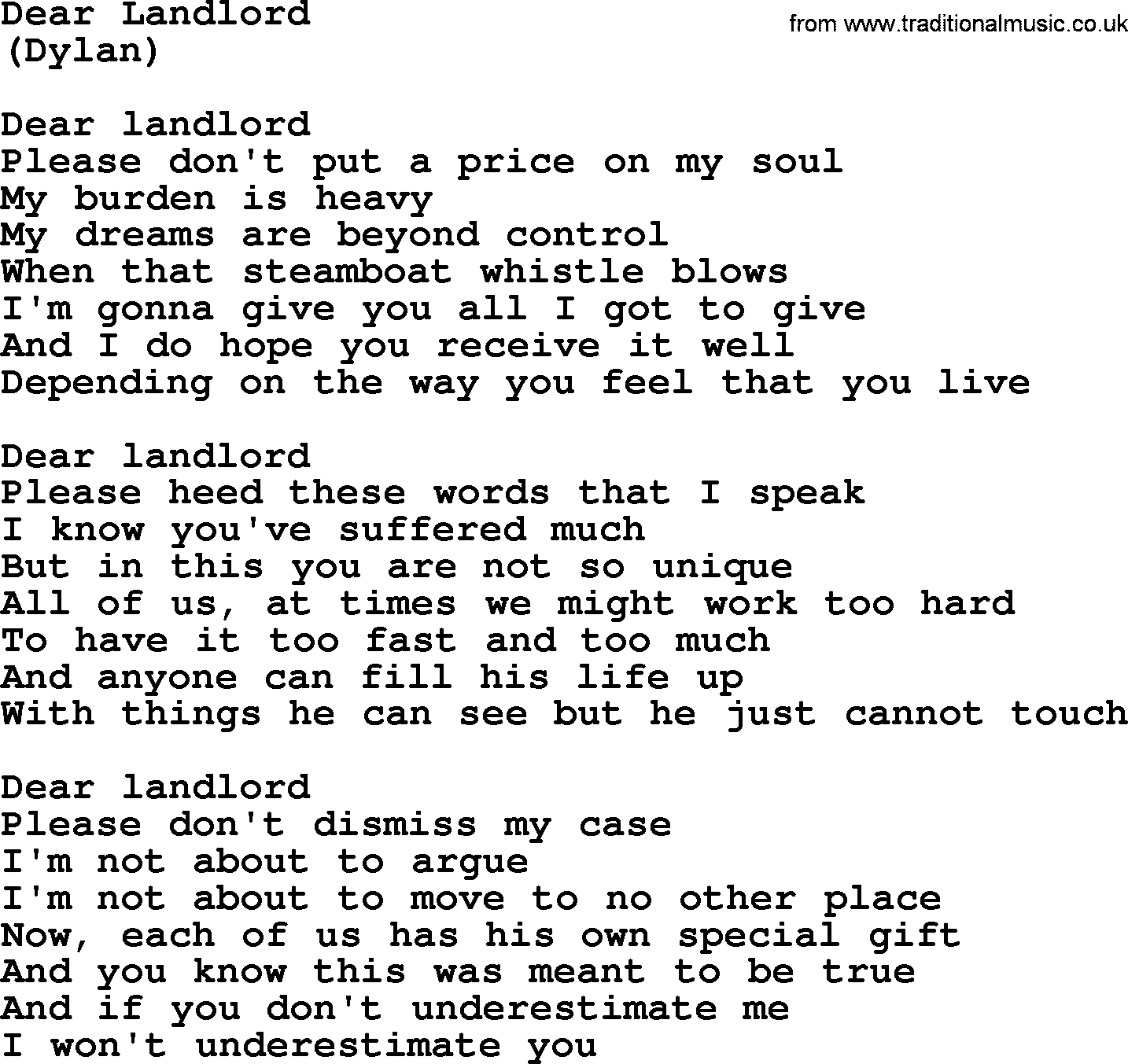 The Byrds song Dear Landlord, lyrics
