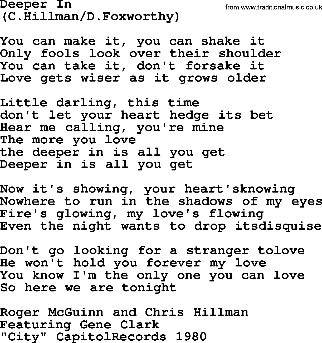 The Byrds song Deeper In, lyrics
