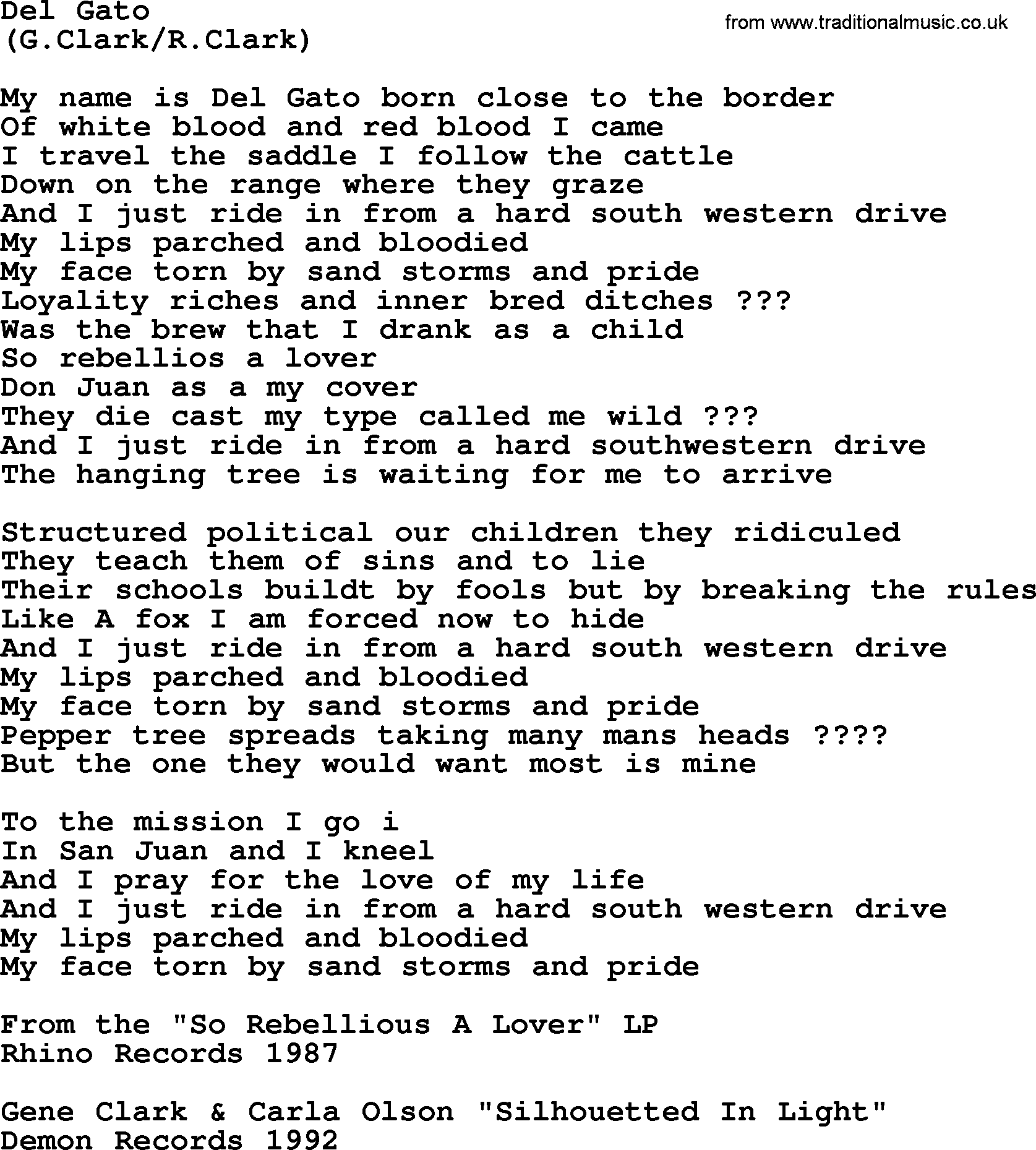The Byrds song Del Gato, lyrics