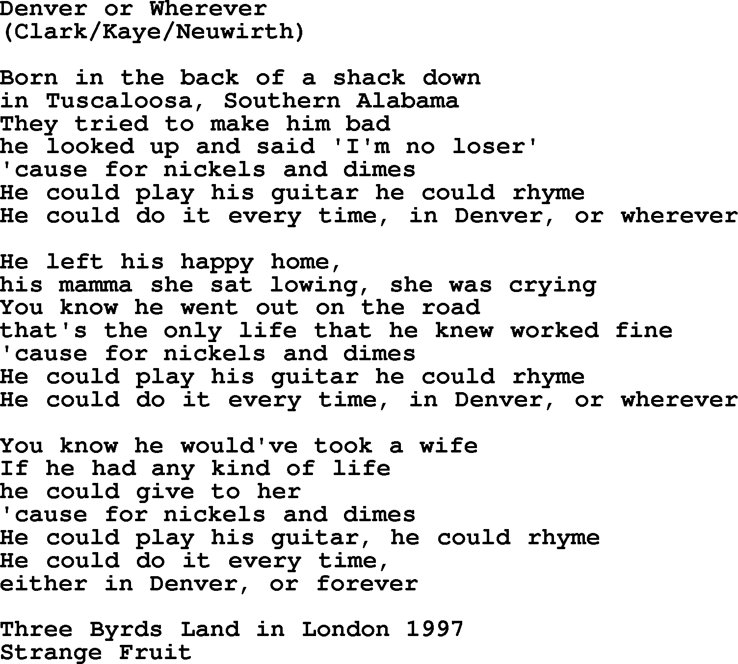 The Byrds song Denver Or Wherever, lyrics