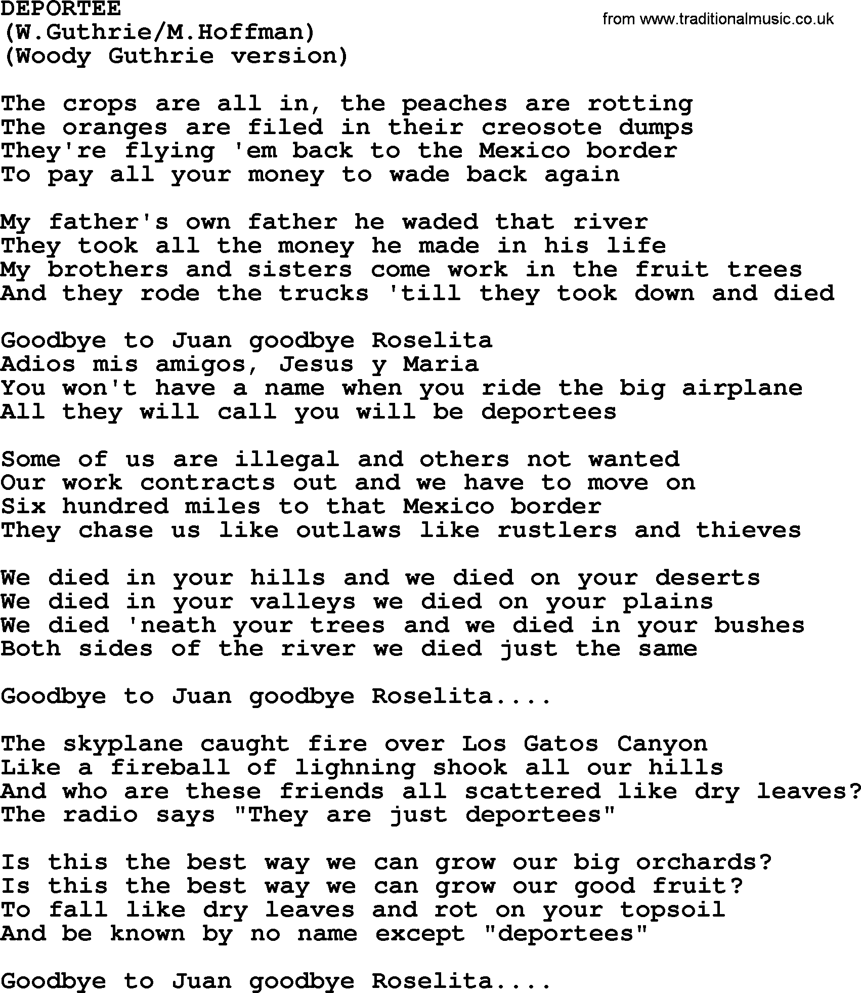 The Byrds song Deportee, lyrics