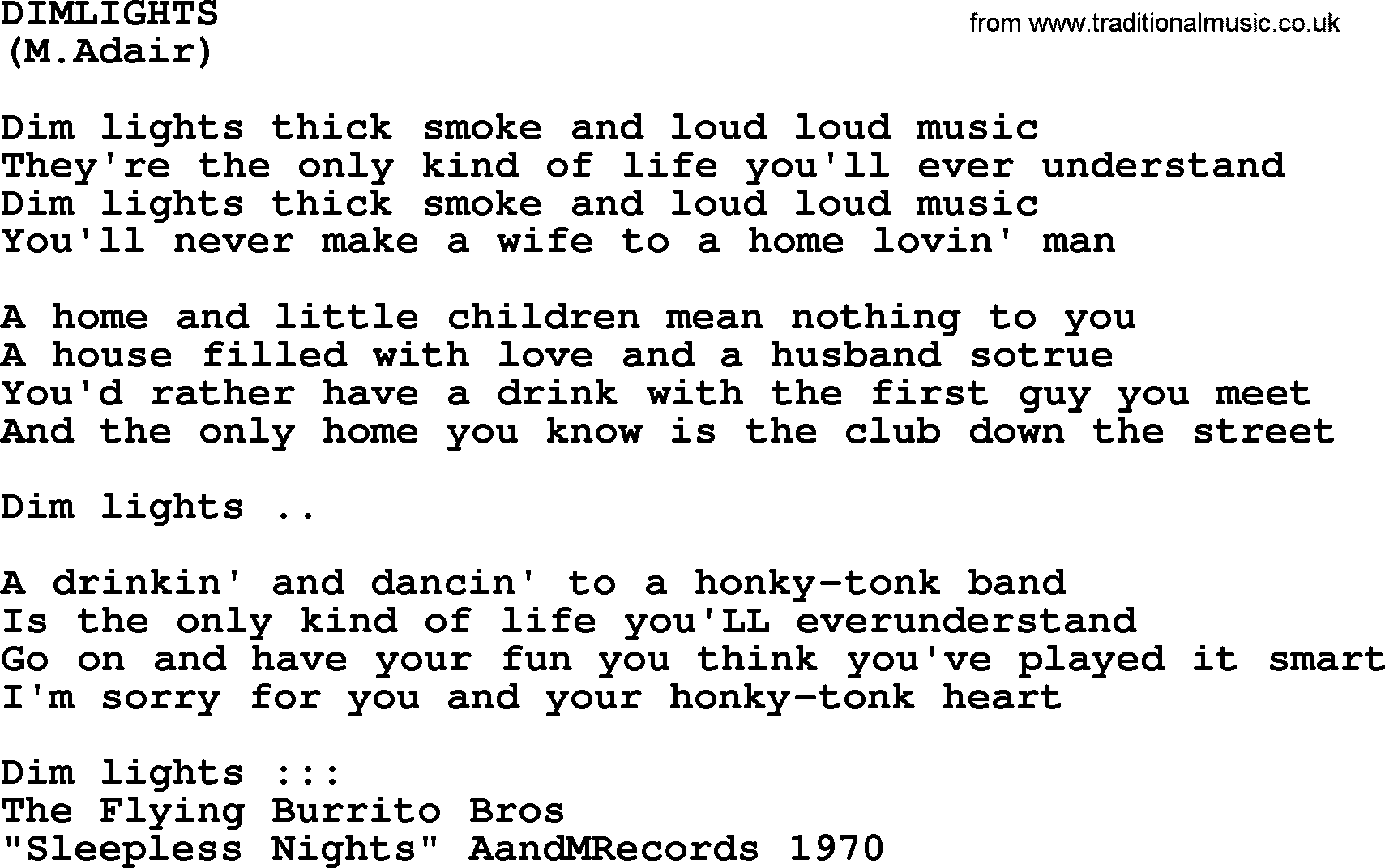 The Byrds song Dimlights, lyrics
