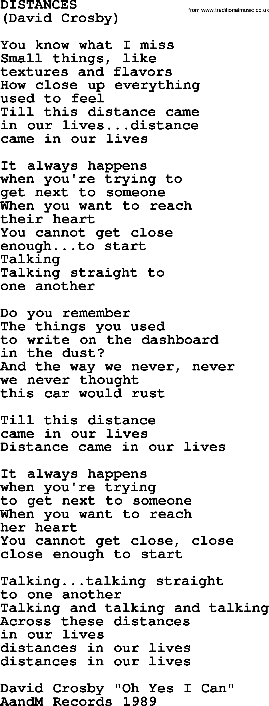 The Byrds song Distances, lyrics