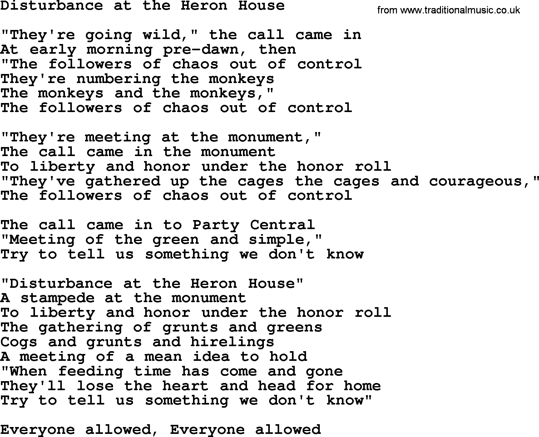 The Byrds song Disturbance At The Heron House, lyrics