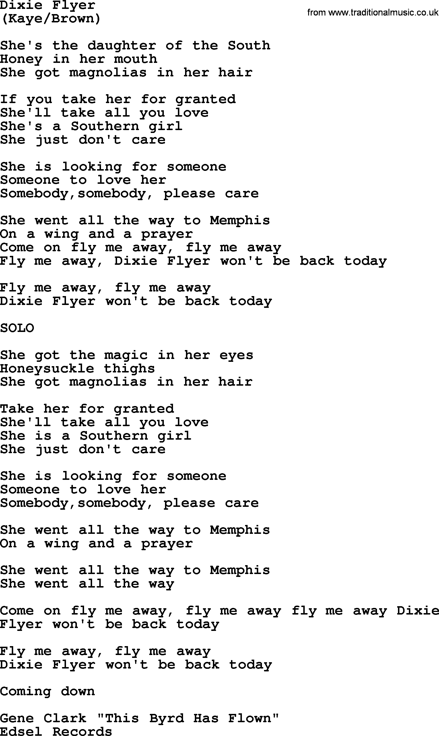 The Byrds song Dixie Flyer, lyrics