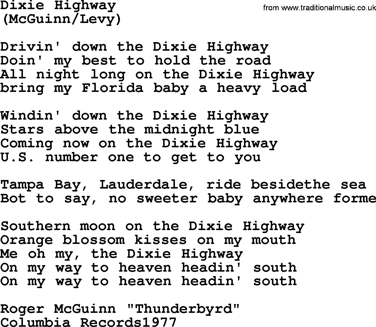 The Byrds song Dixie Highway, lyrics