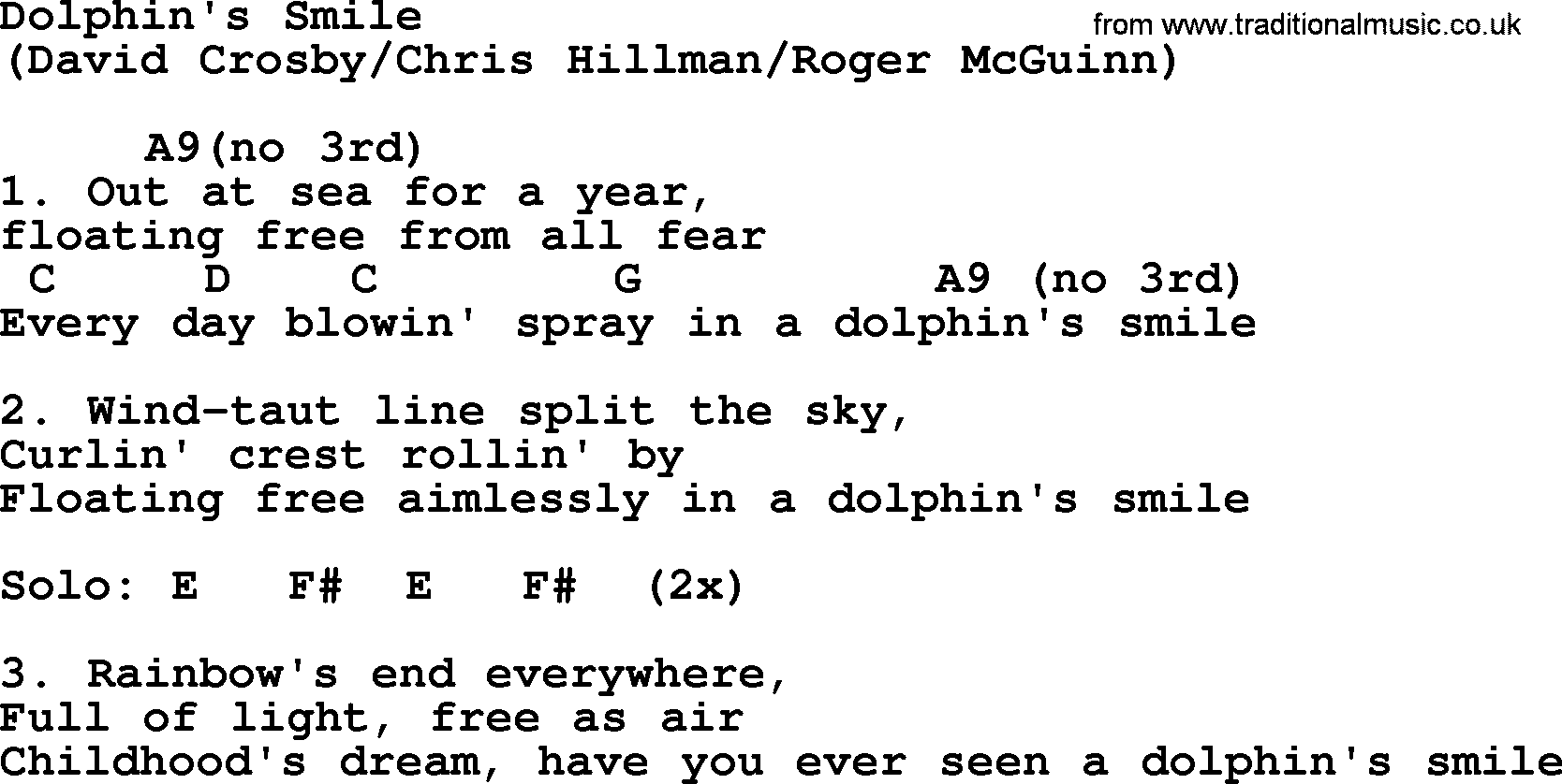 The Byrds song Dolphin's Smile, lyrics and chords