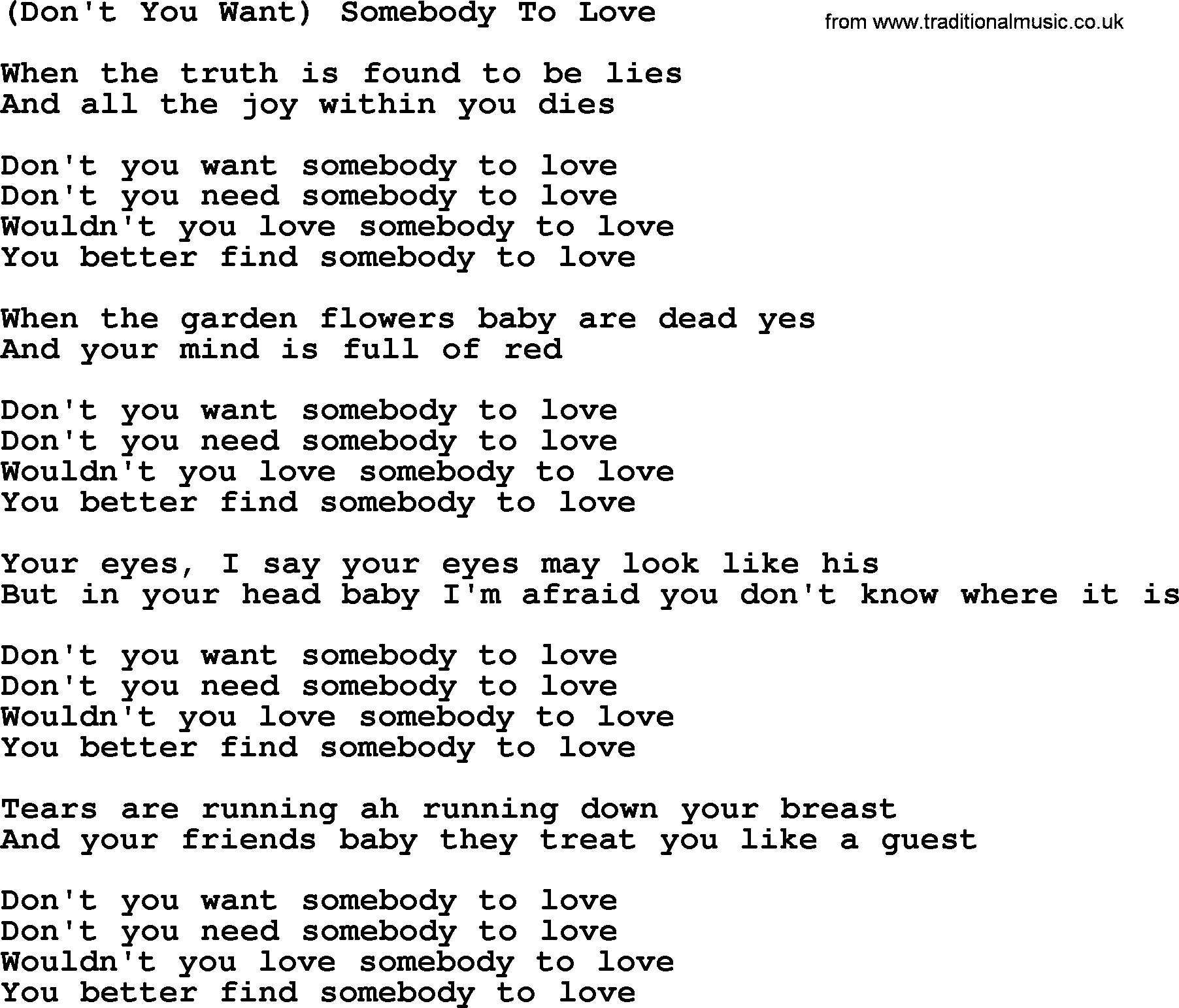 The Byrds song Don't You Want Somebody To Love, lyrics