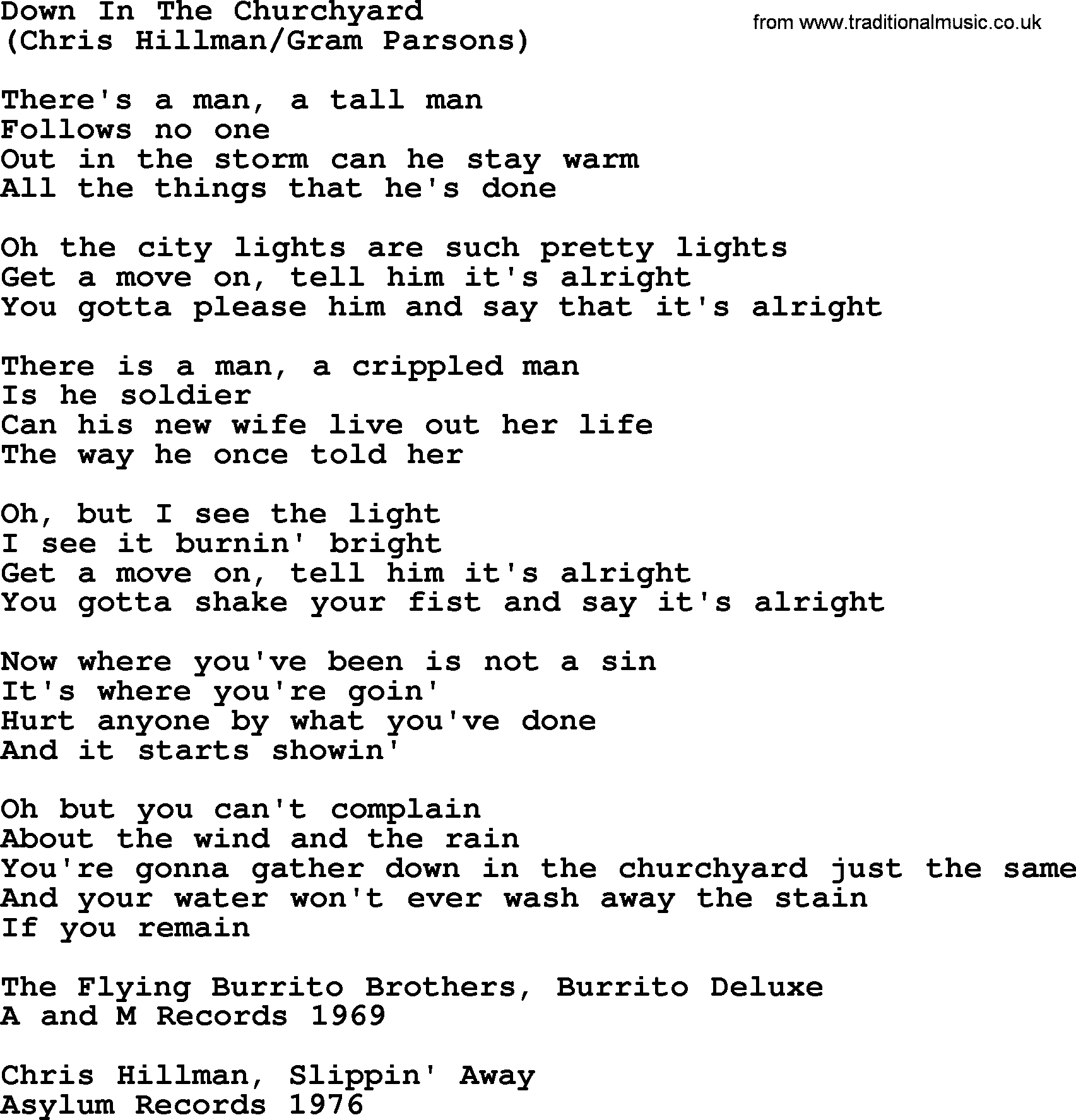 The Byrds song Down In The Churchyard, lyrics