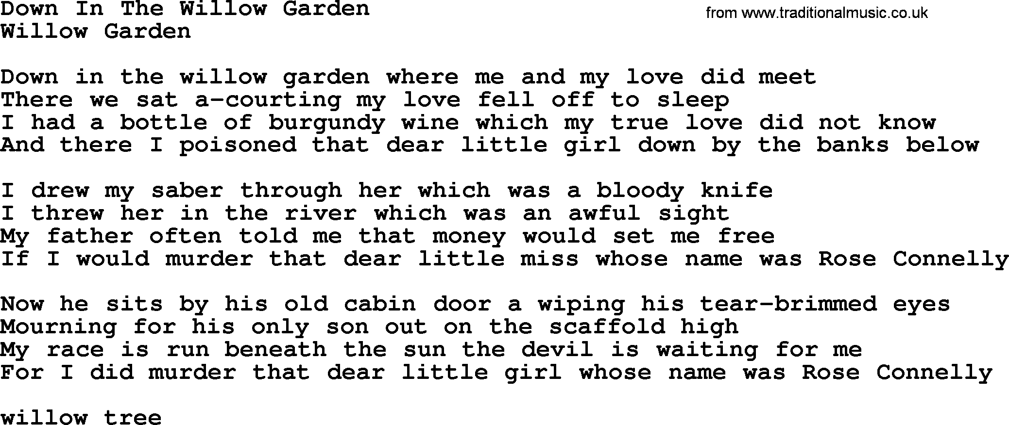 The Byrds song Down In The Willow Garden, lyrics