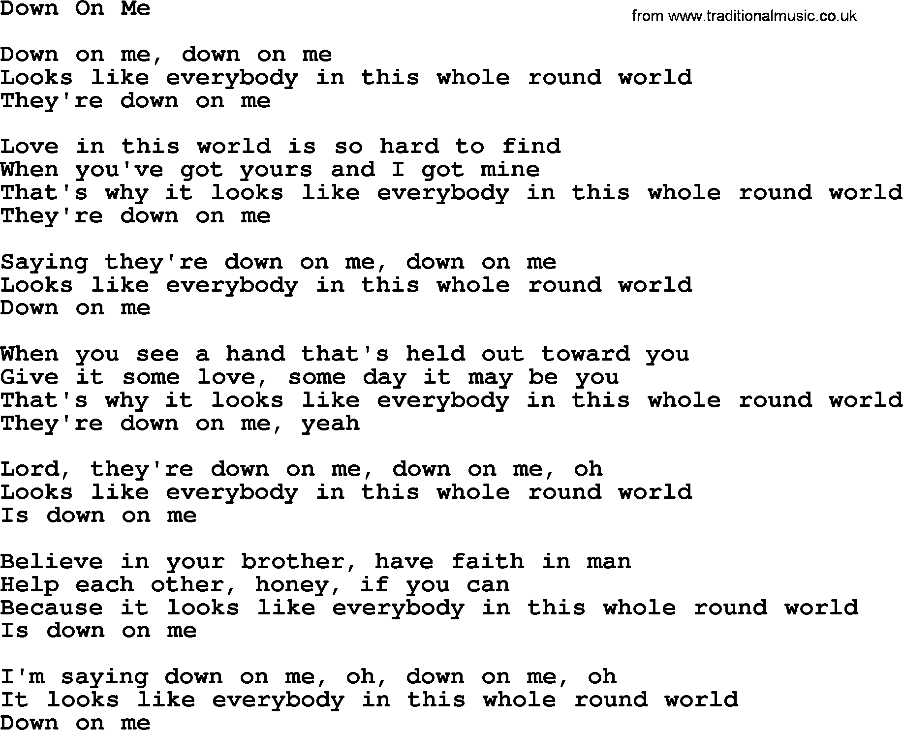 The Byrds song Down On Me, lyrics