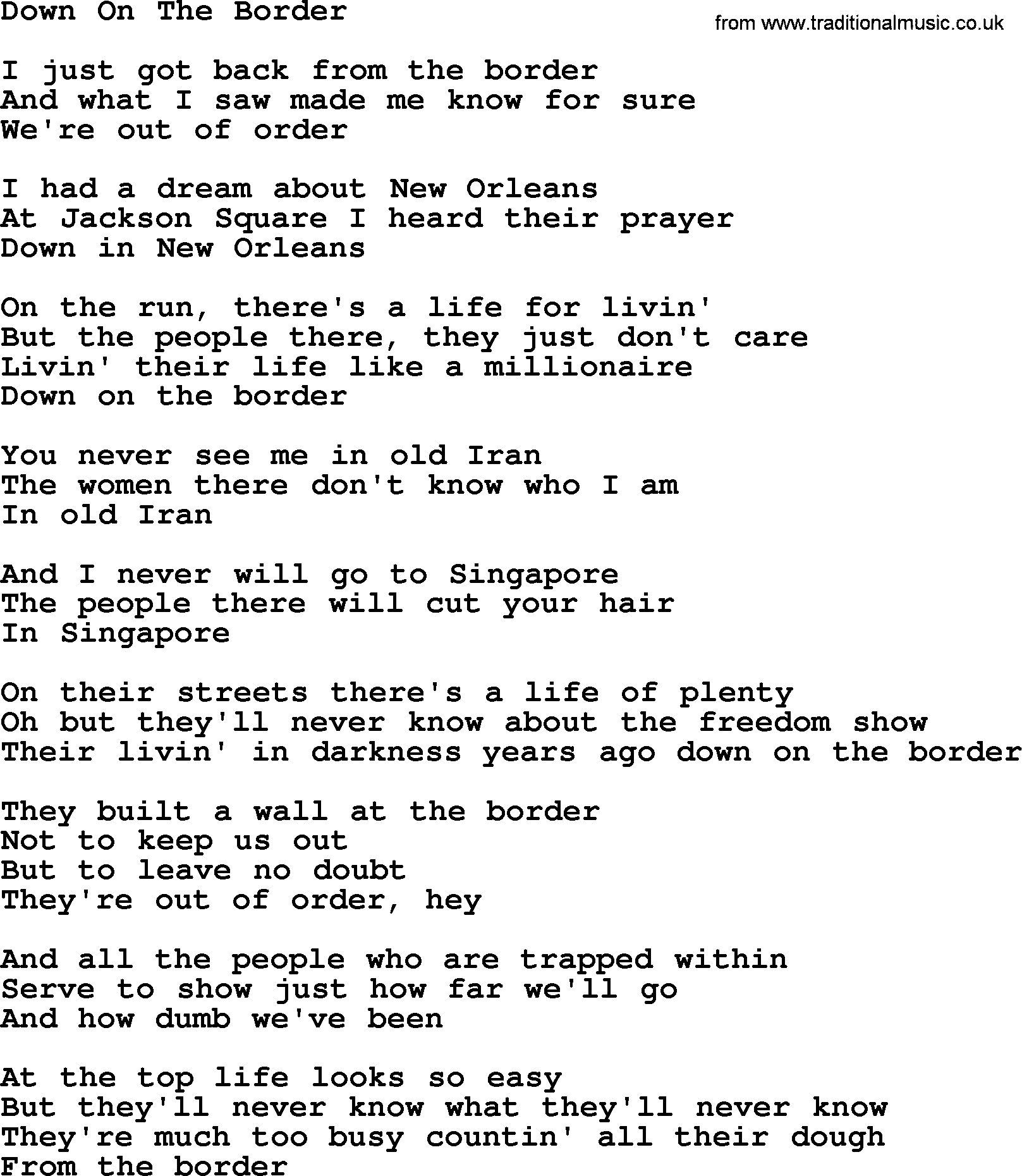 The Byrds song Down On The Border, lyrics