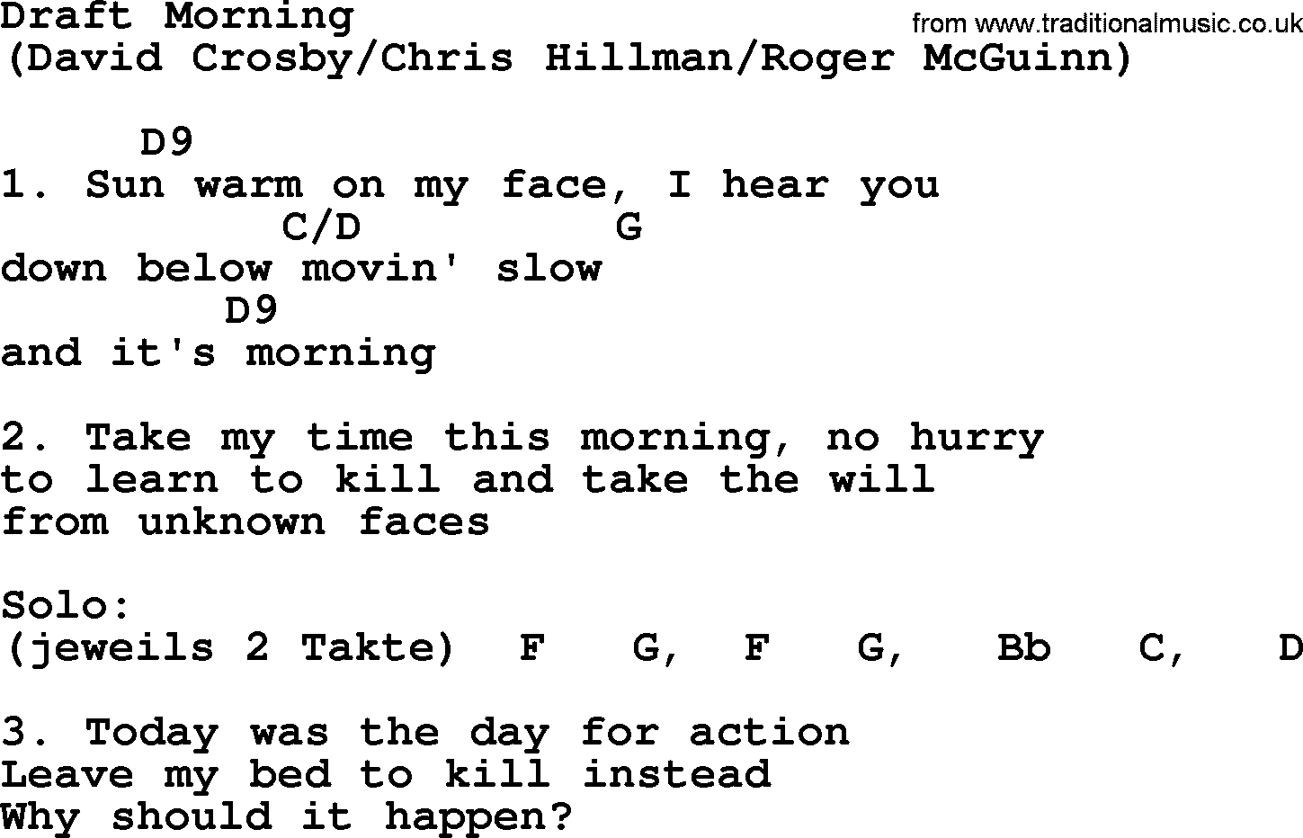 The Byrds song Draft Morning, lyrics and chords