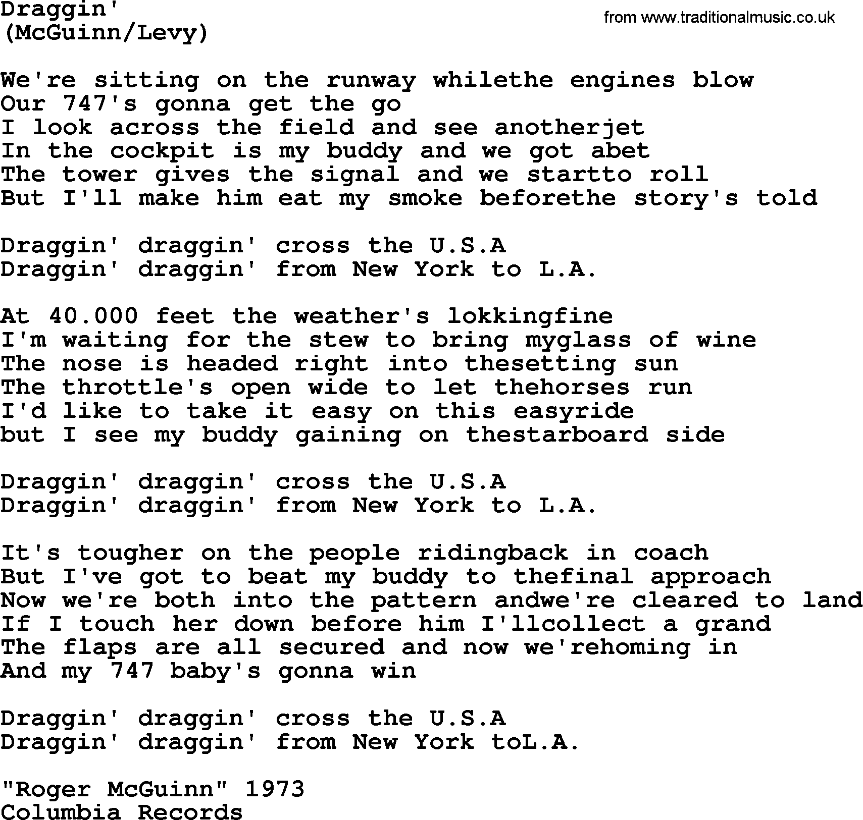 The Byrds song Draggin', lyrics