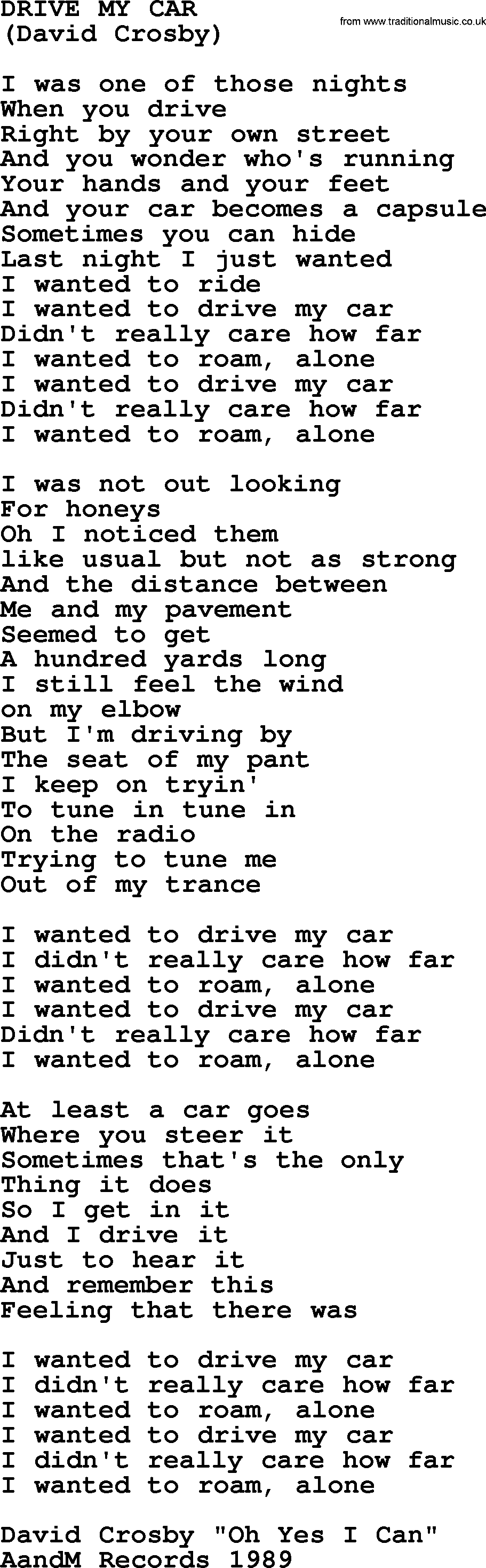 The Byrds song Drive My Car, lyrics