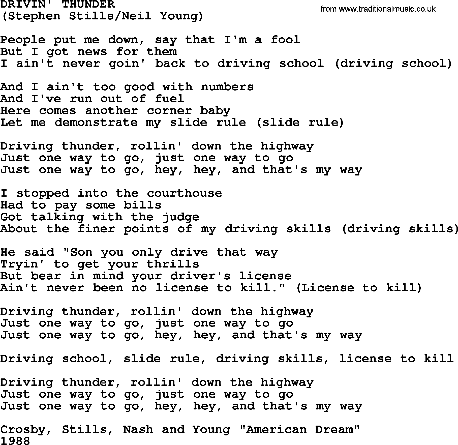 The Byrds song Drivin' Thunder, lyrics