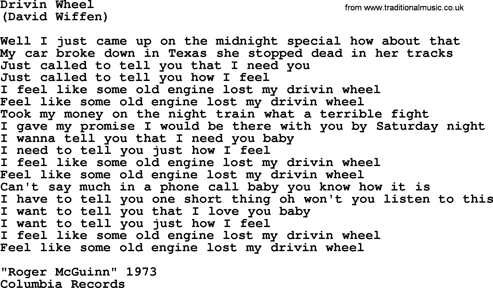 The Byrds song Drivin Wheel, lyrics