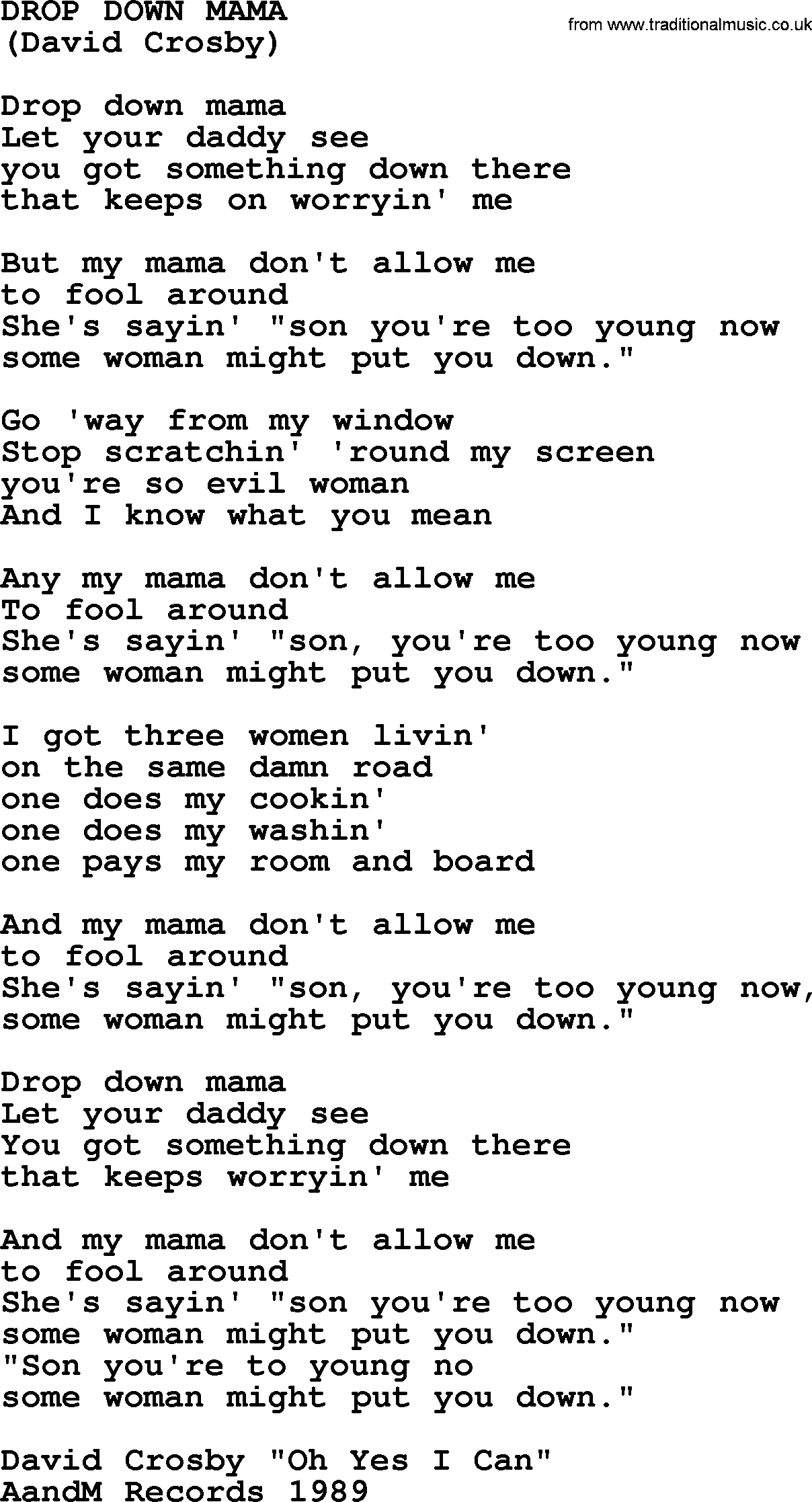 The Byrds song Drop Down Mama, lyrics