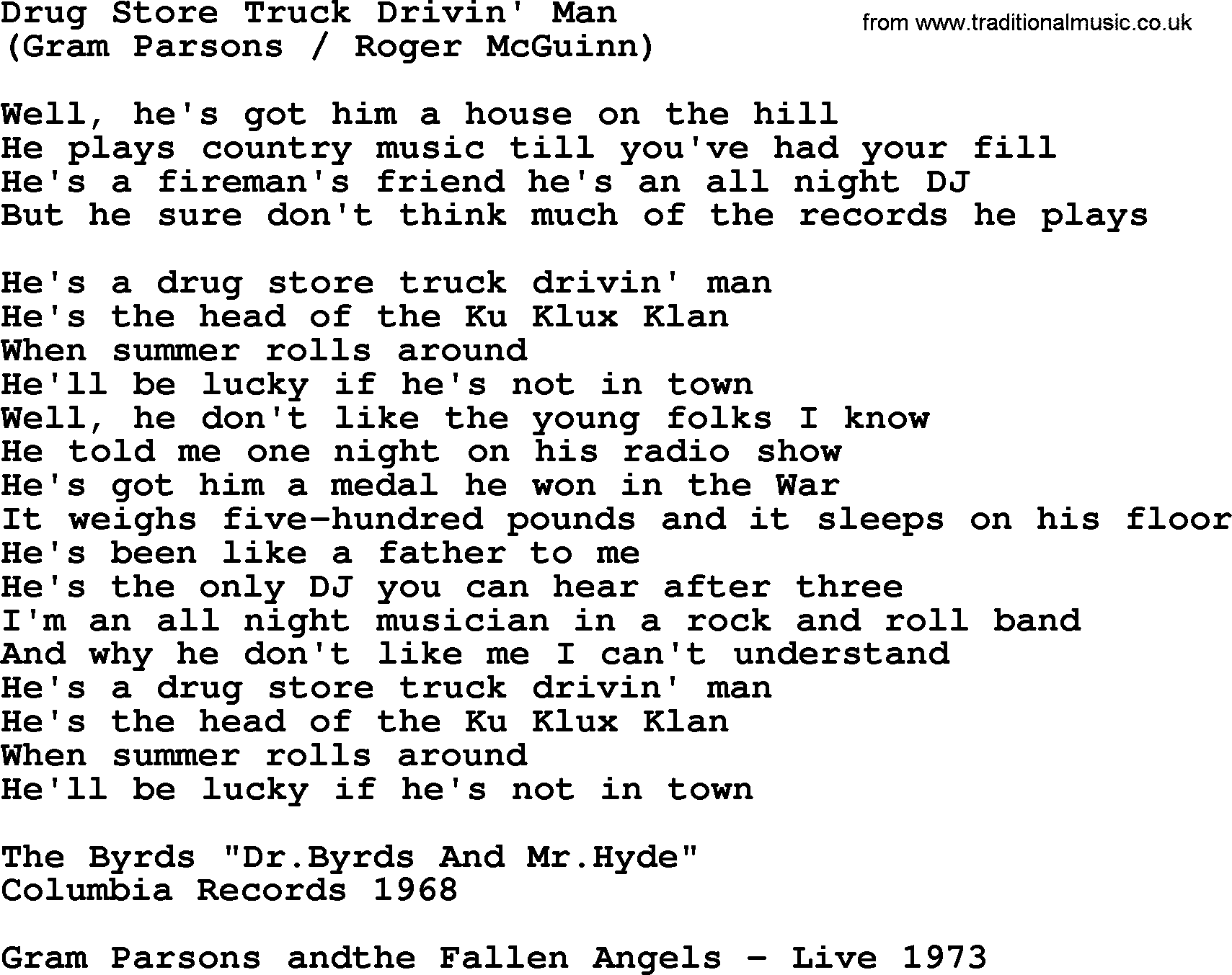 The Byrds song Drug Store Truck Drivin' Man, lyrics