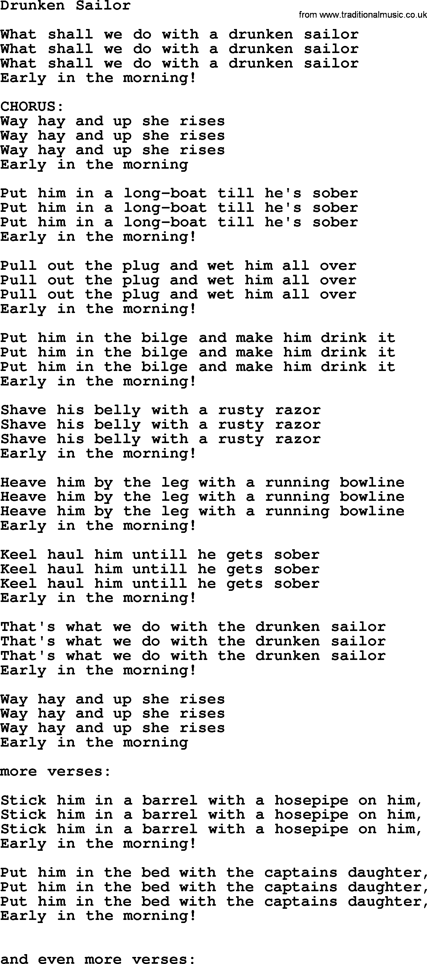 The Byrds song Drunken Sailor, lyrics