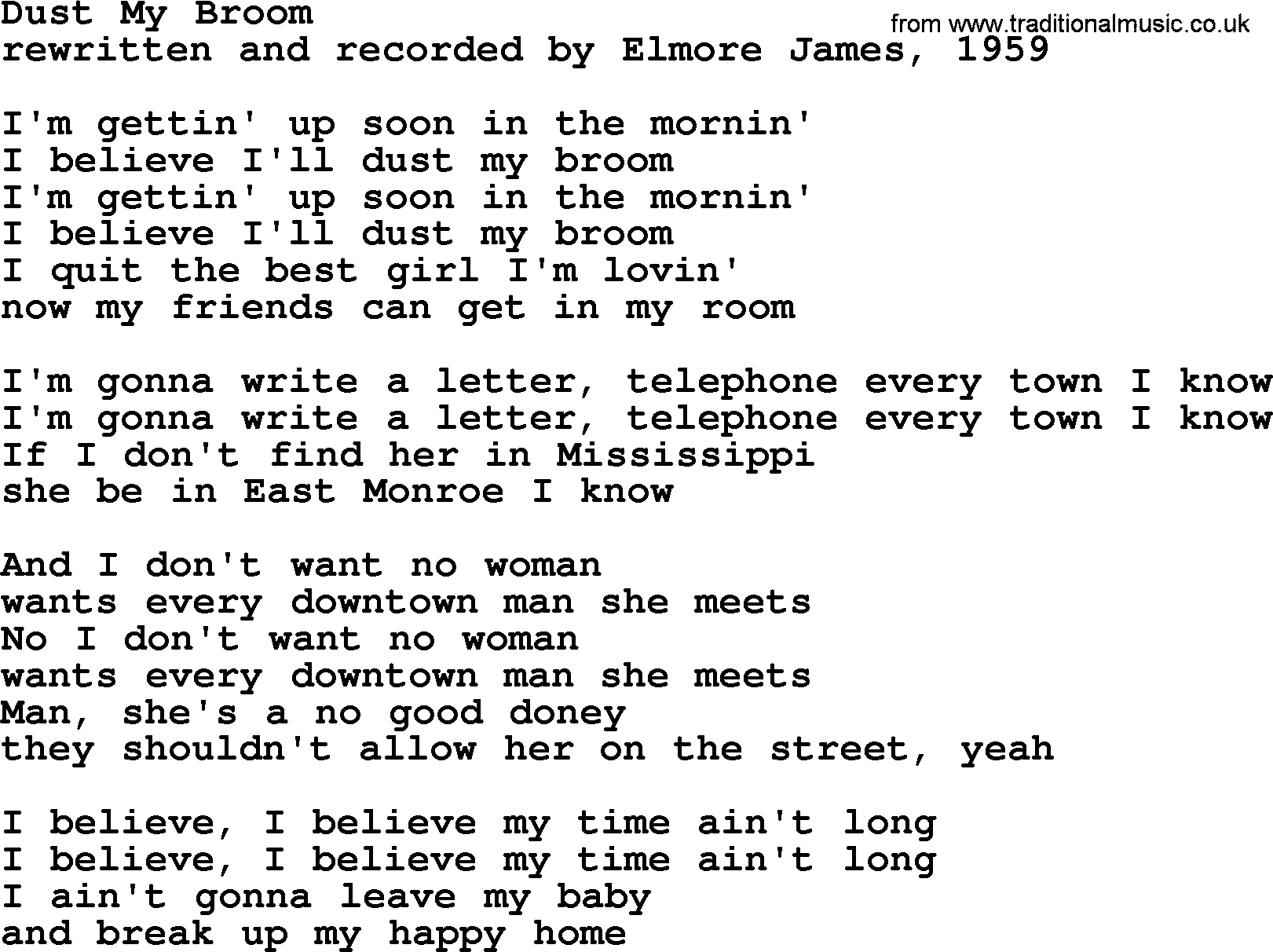 The Byrds song Dust My Broom, lyrics