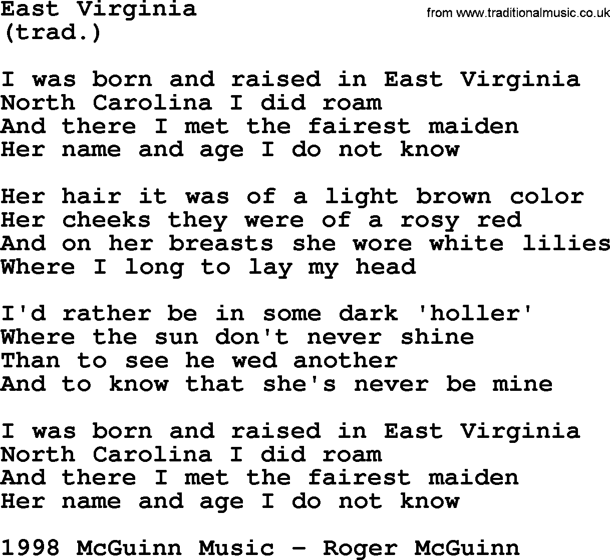 The Byrds song East Virginia, lyrics