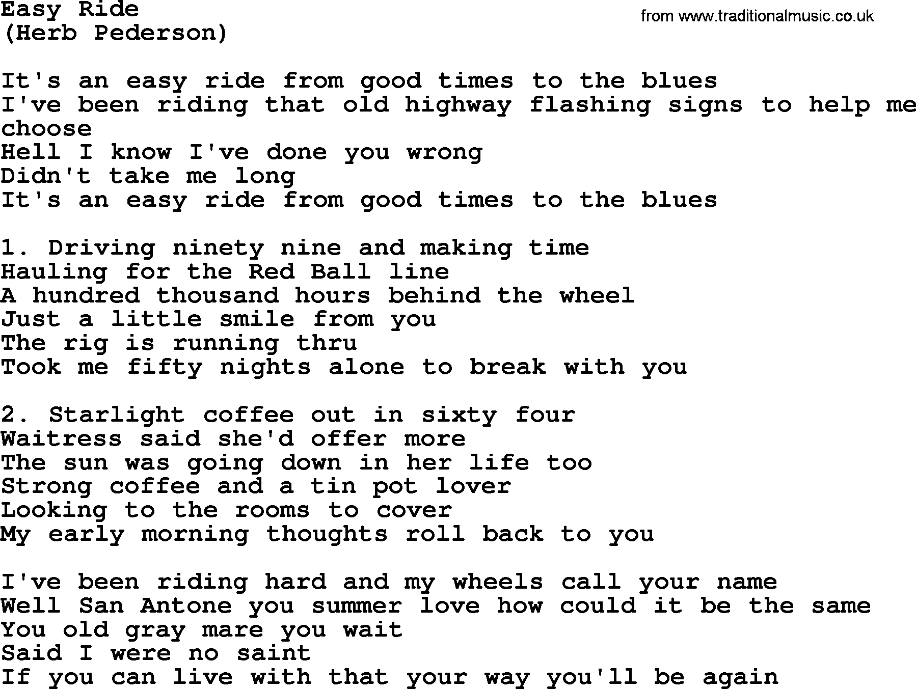 The Byrds song Easy Ride, lyrics