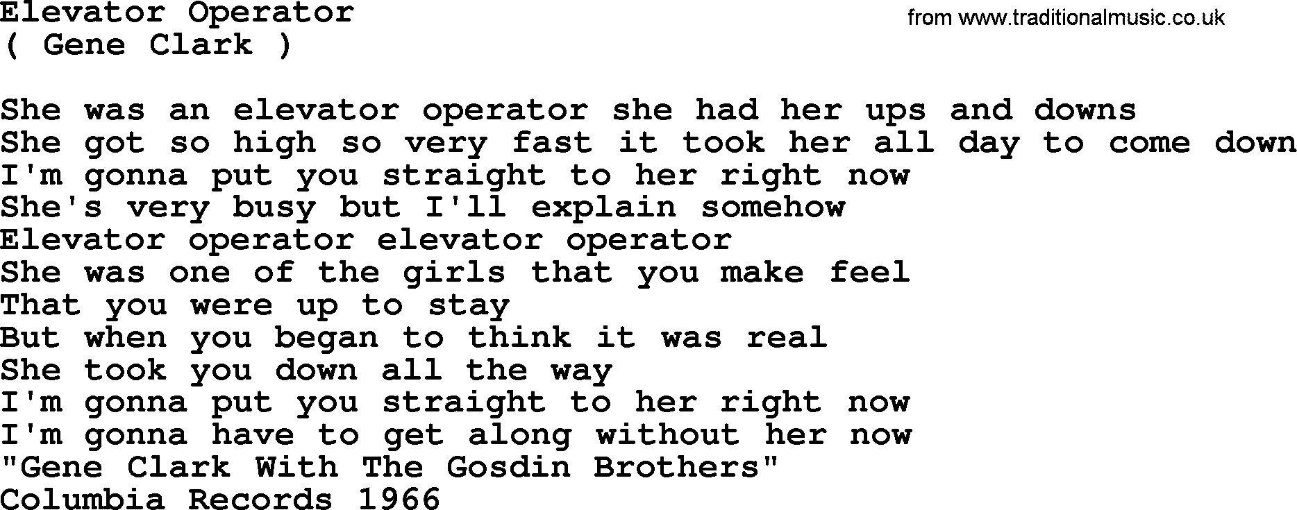 The Byrds song Elevator Operator, lyrics