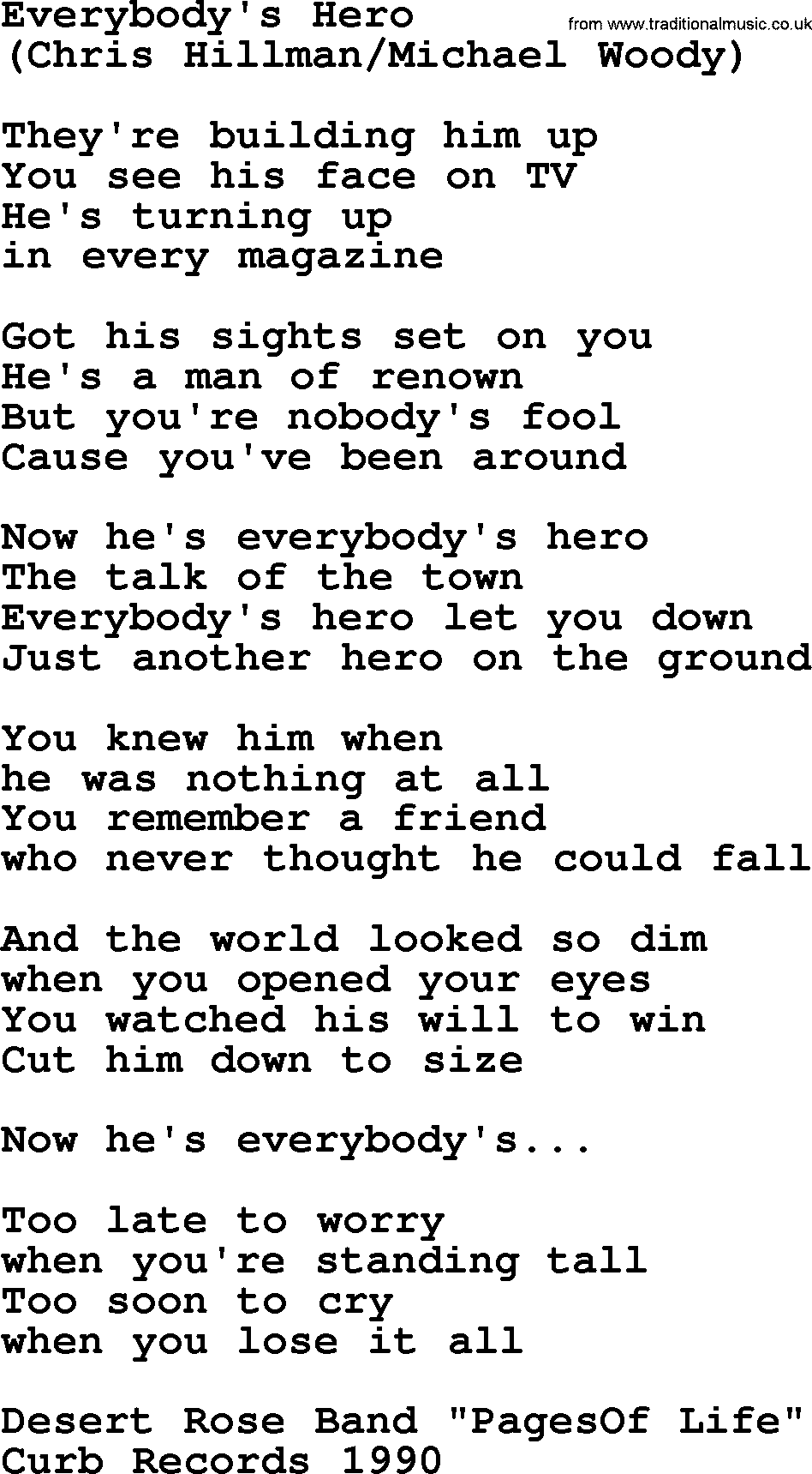 The Byrds song Everybody's Hero, lyrics