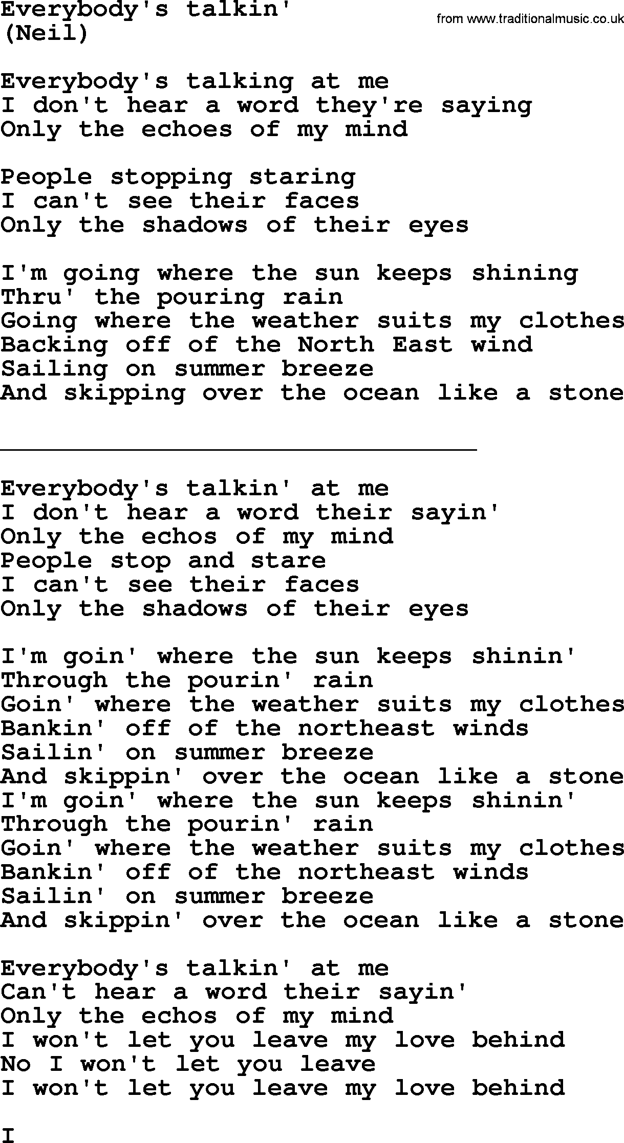 The Byrds song Everybody's Talkin', lyrics