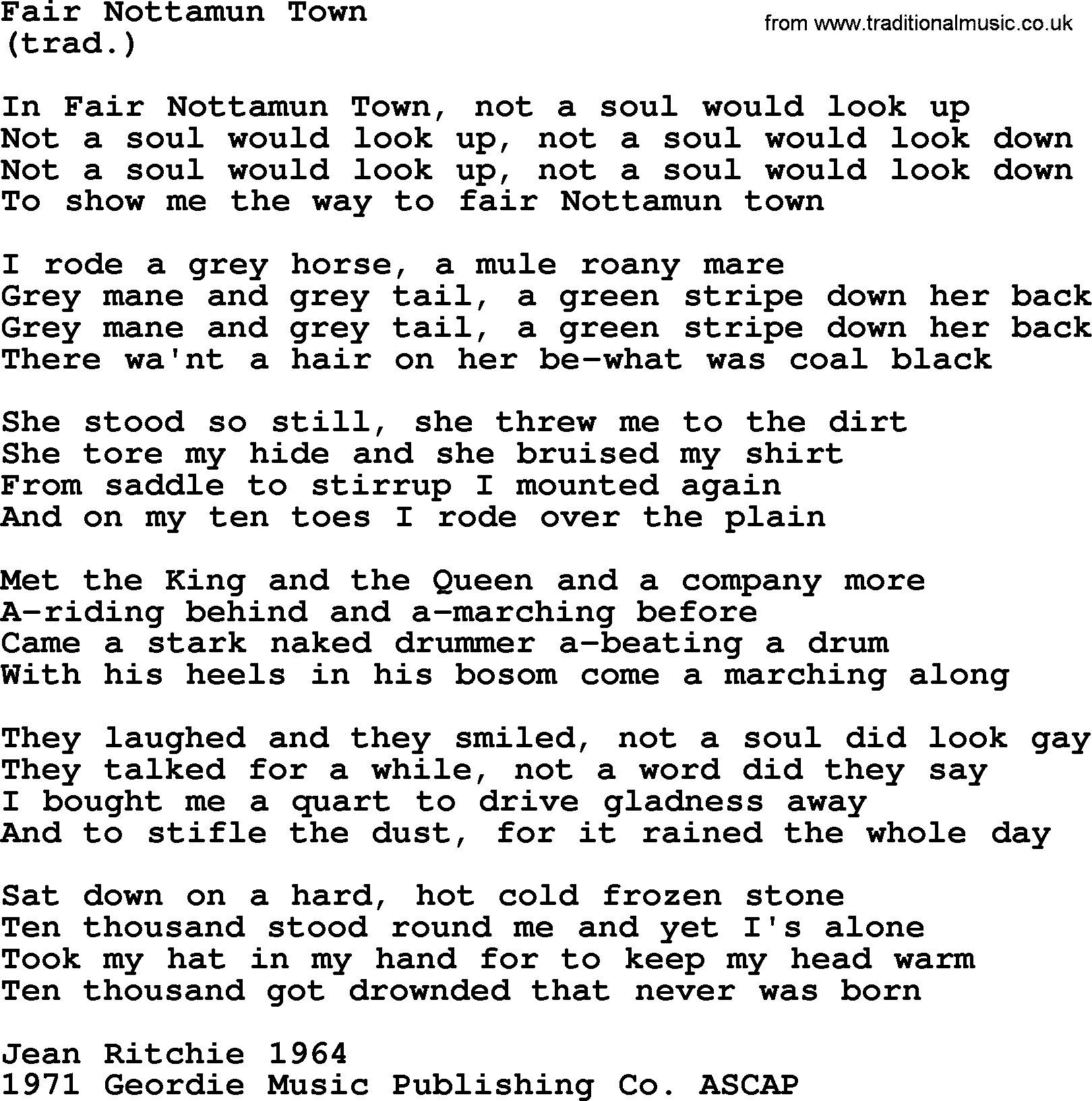 The Byrds song Fair Nottamun Town, lyrics