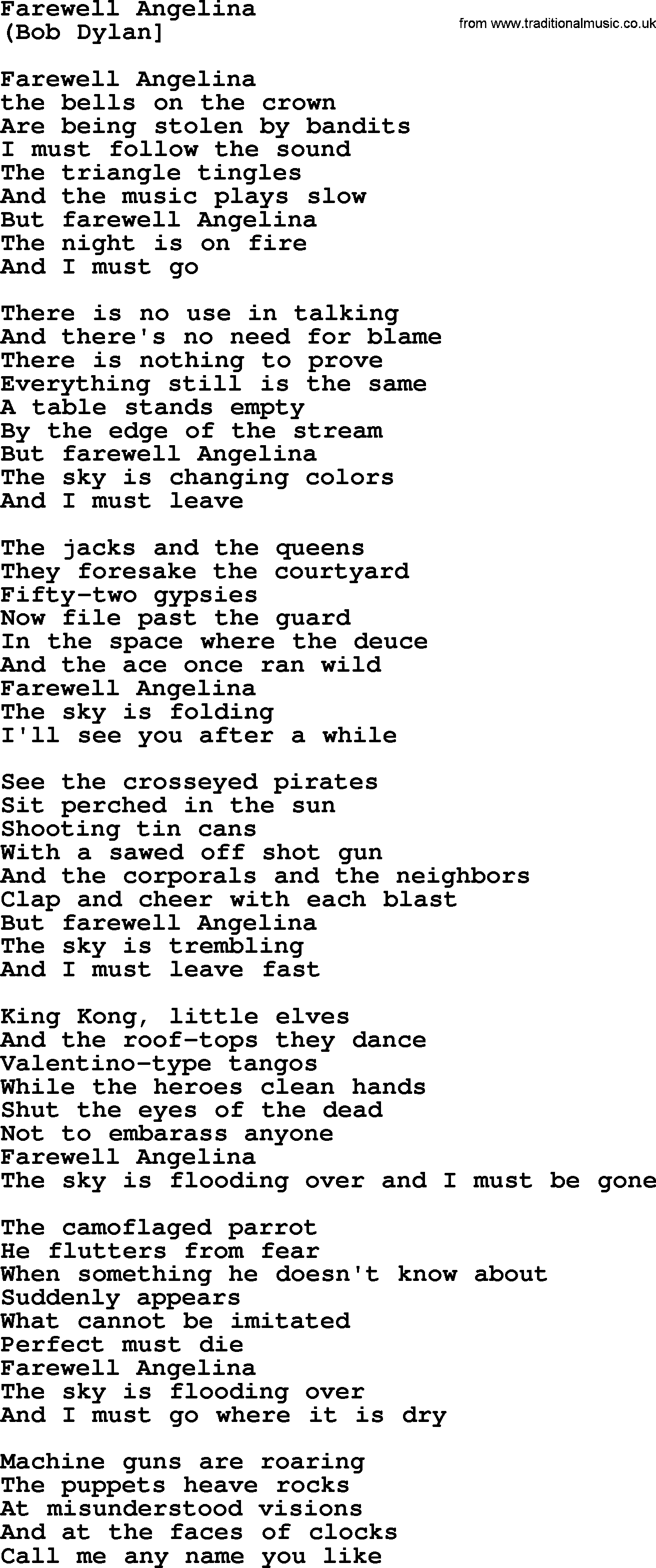 The Byrds song Farewell Angelina, lyrics
