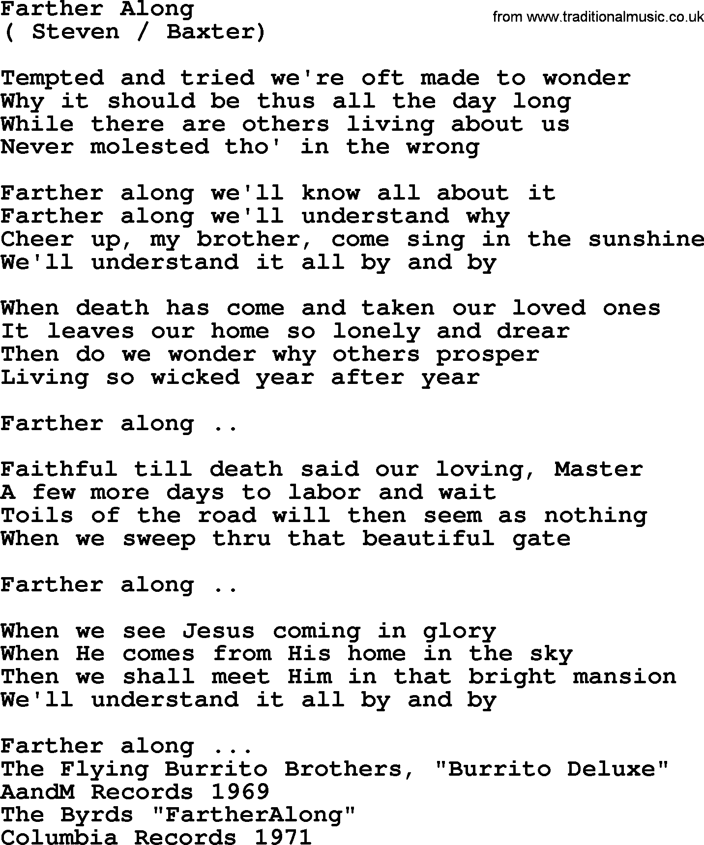 The Byrds song Farther Along, lyrics