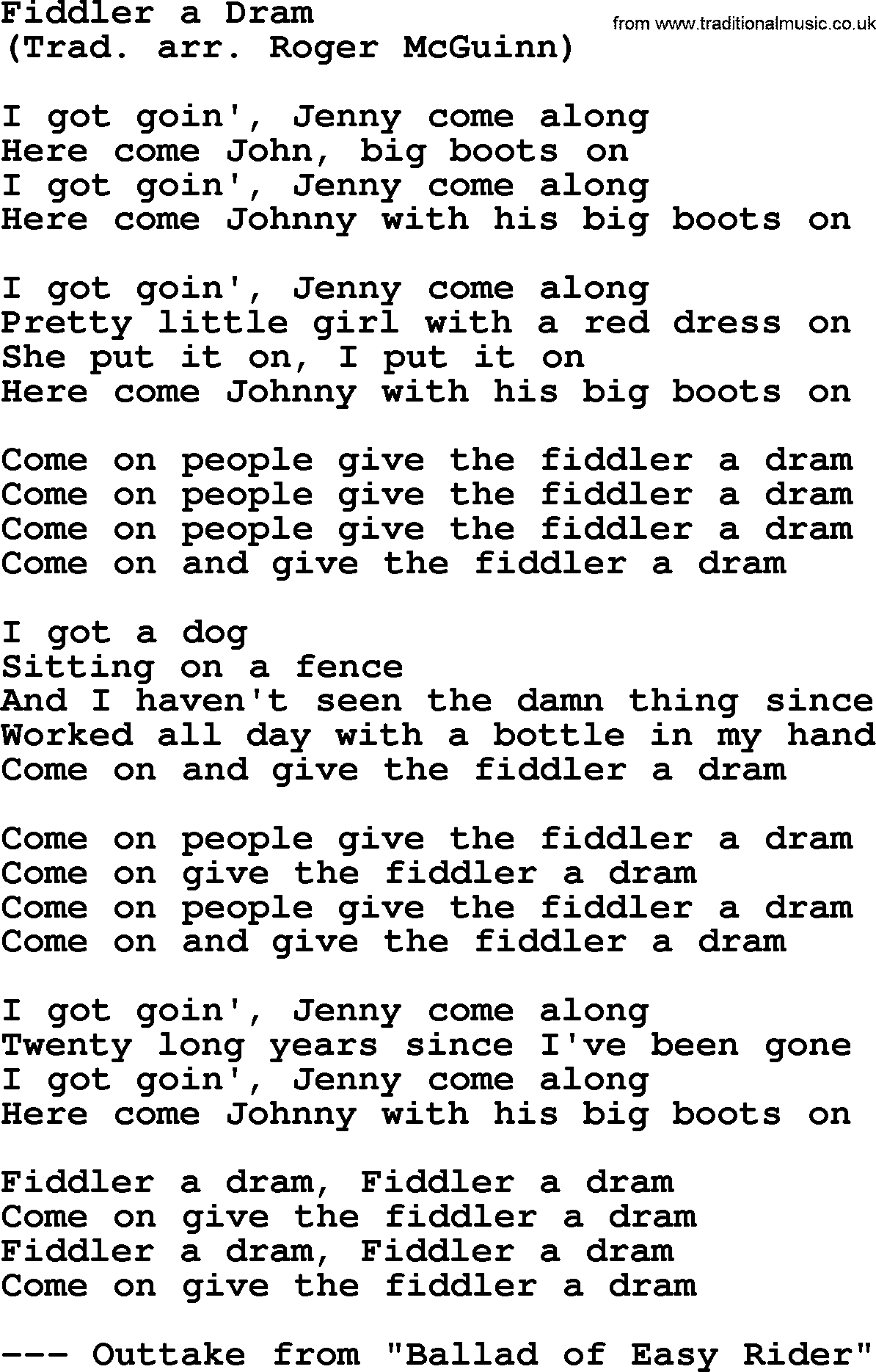The Byrds song Fiddler A Dram, lyrics