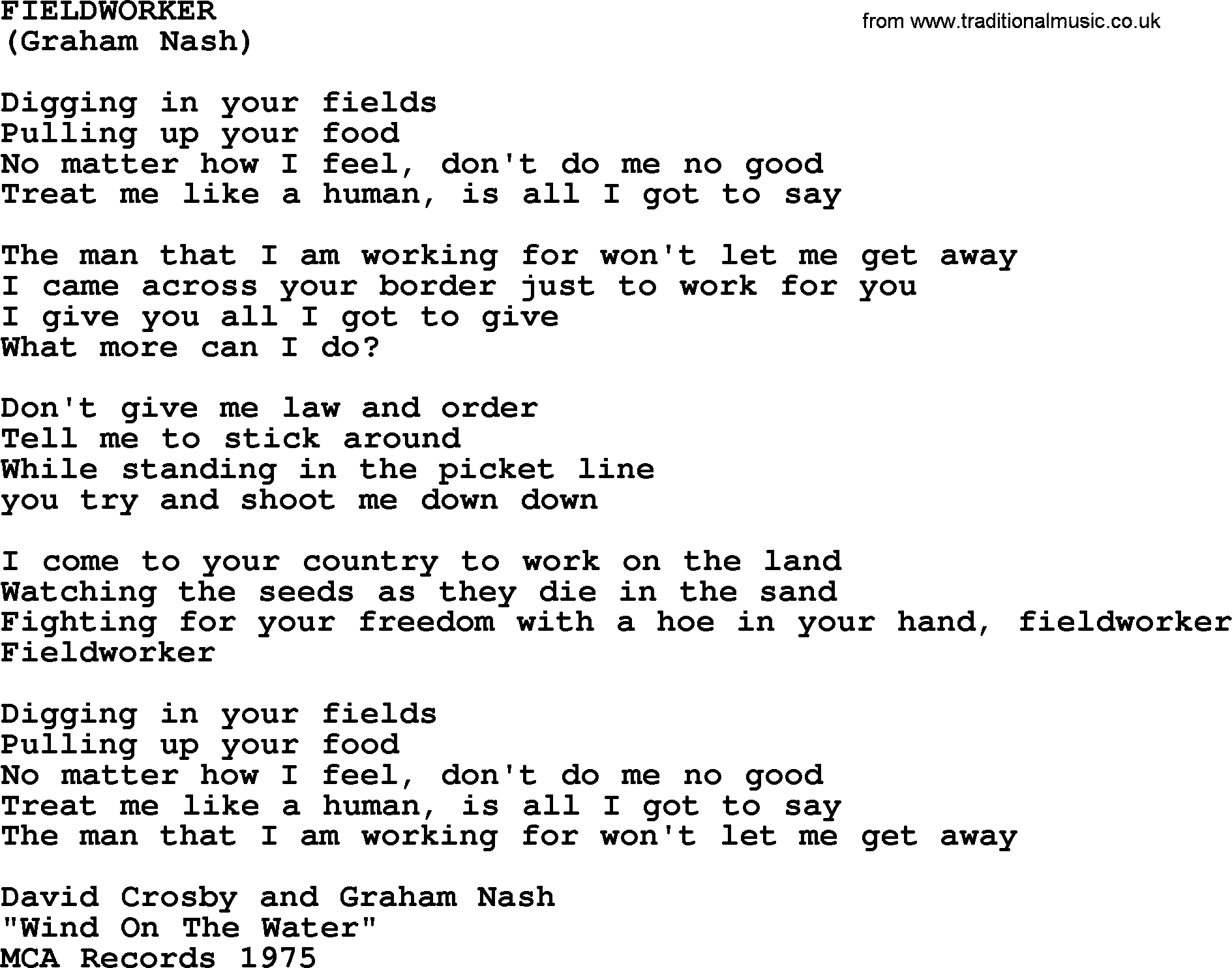The Byrds song Fieldworker, lyrics