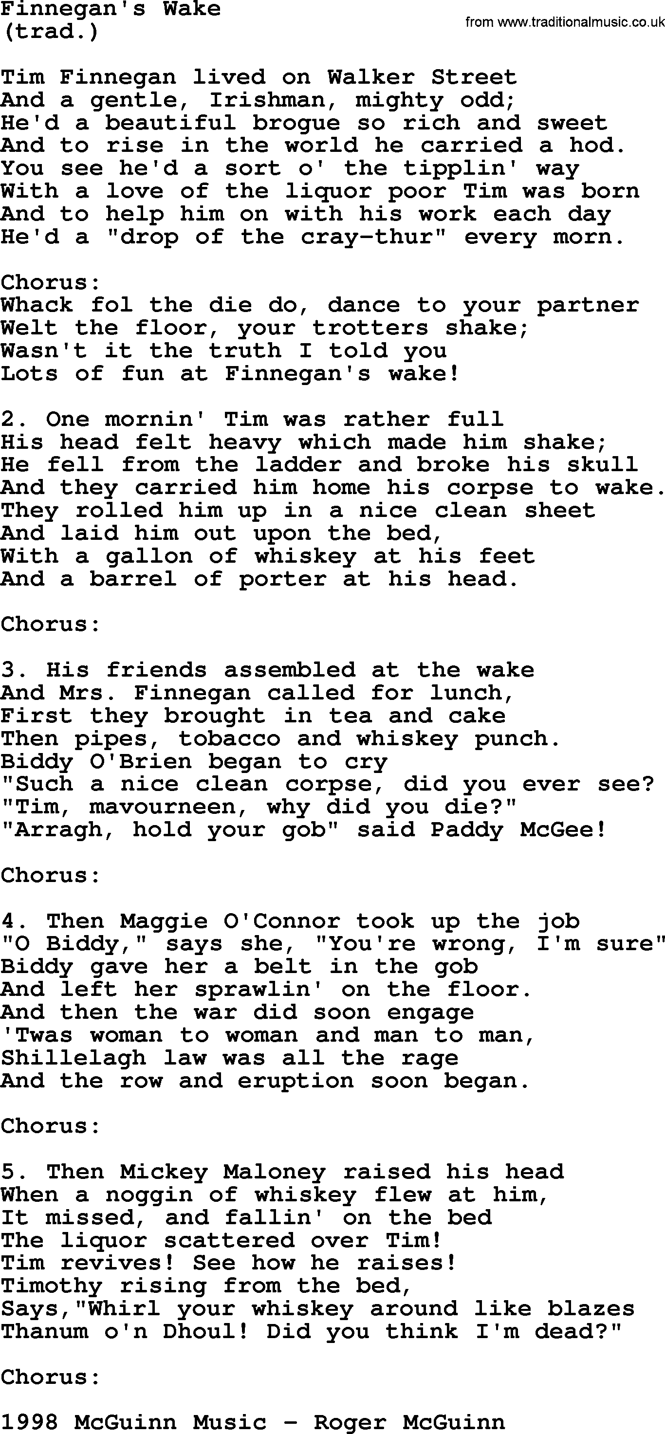 The Byrds song Finnegan's Wake, lyrics