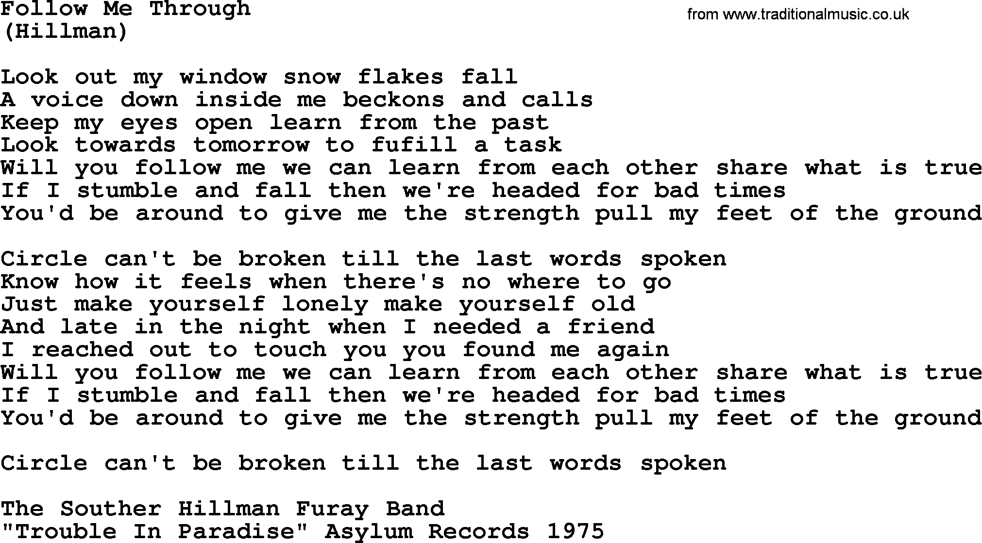 The Byrds song Follow Me Through, lyrics