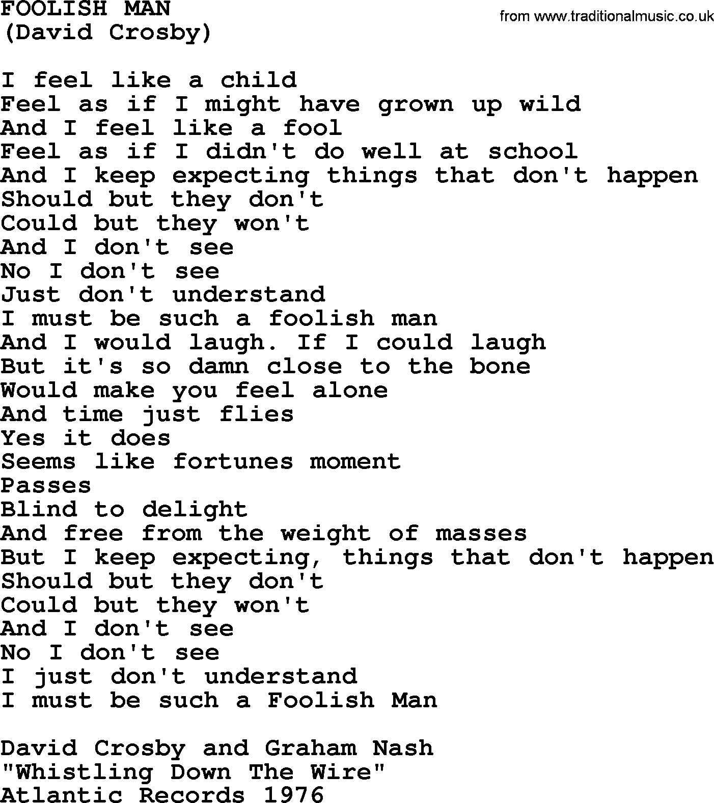The Byrds song Foolish Man, lyrics