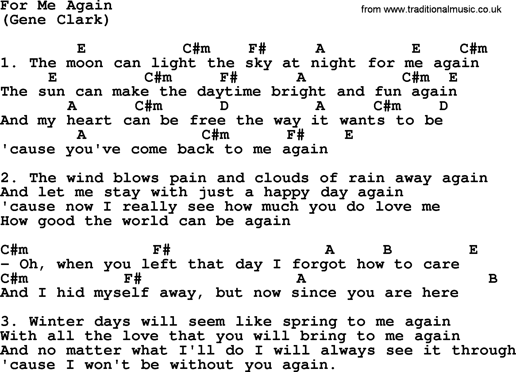 The Byrds song For Me Again, lyrics and chords