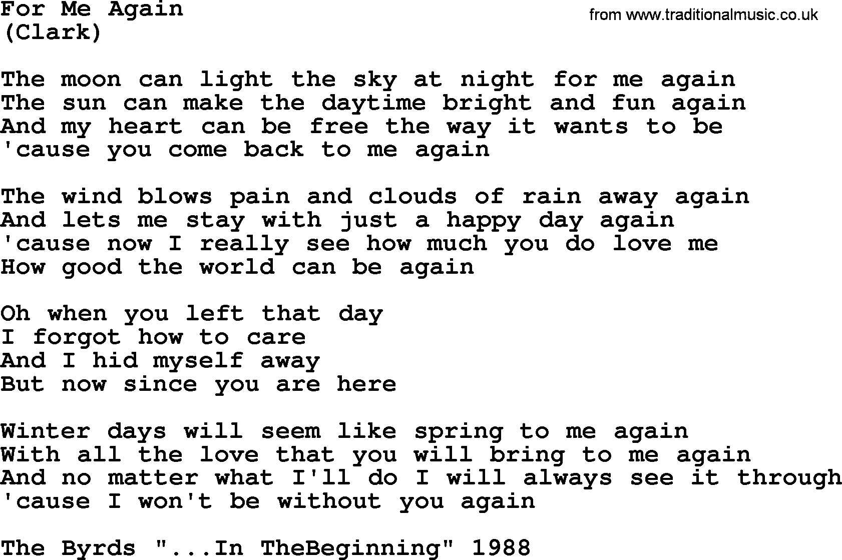 The Byrds song For Me Again, lyrics