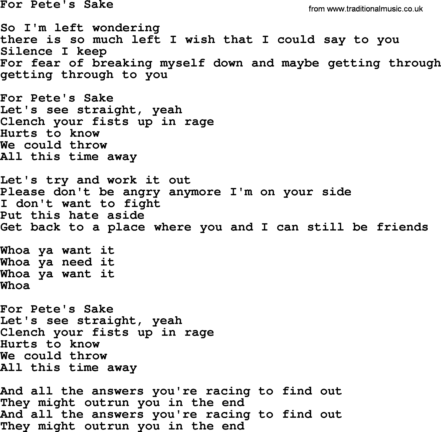 The Byrds song For Pete's Sake, lyrics