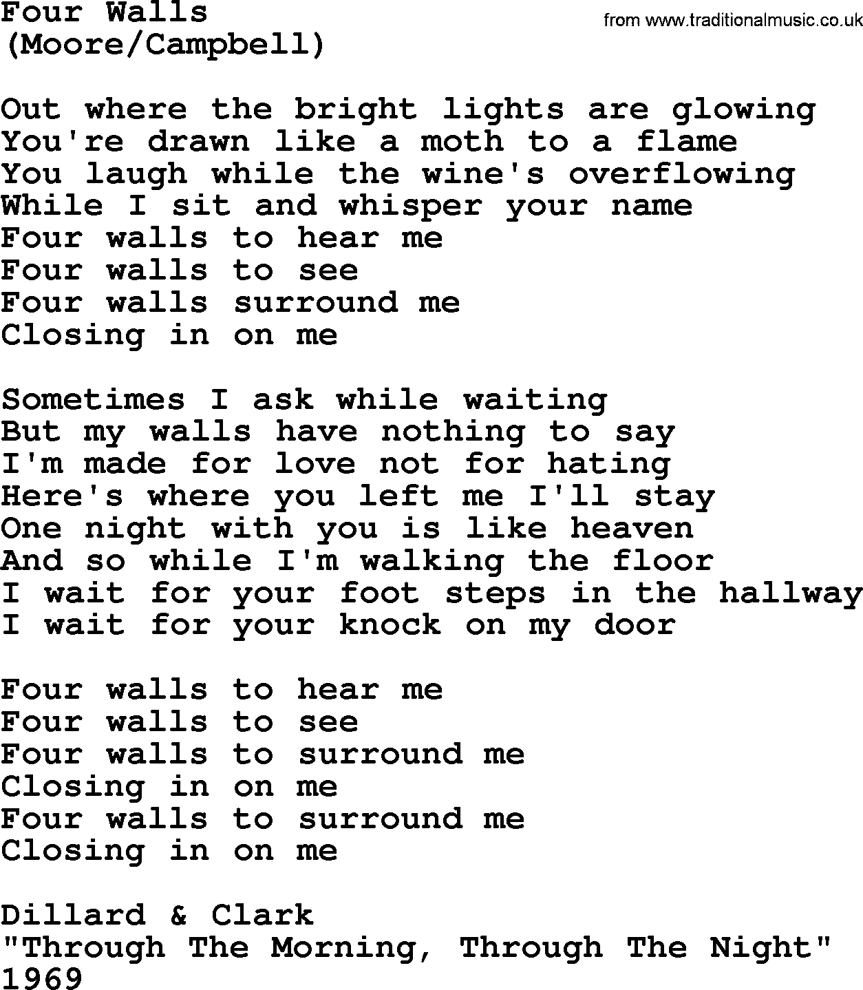 The Byrds song Four Walls, lyrics