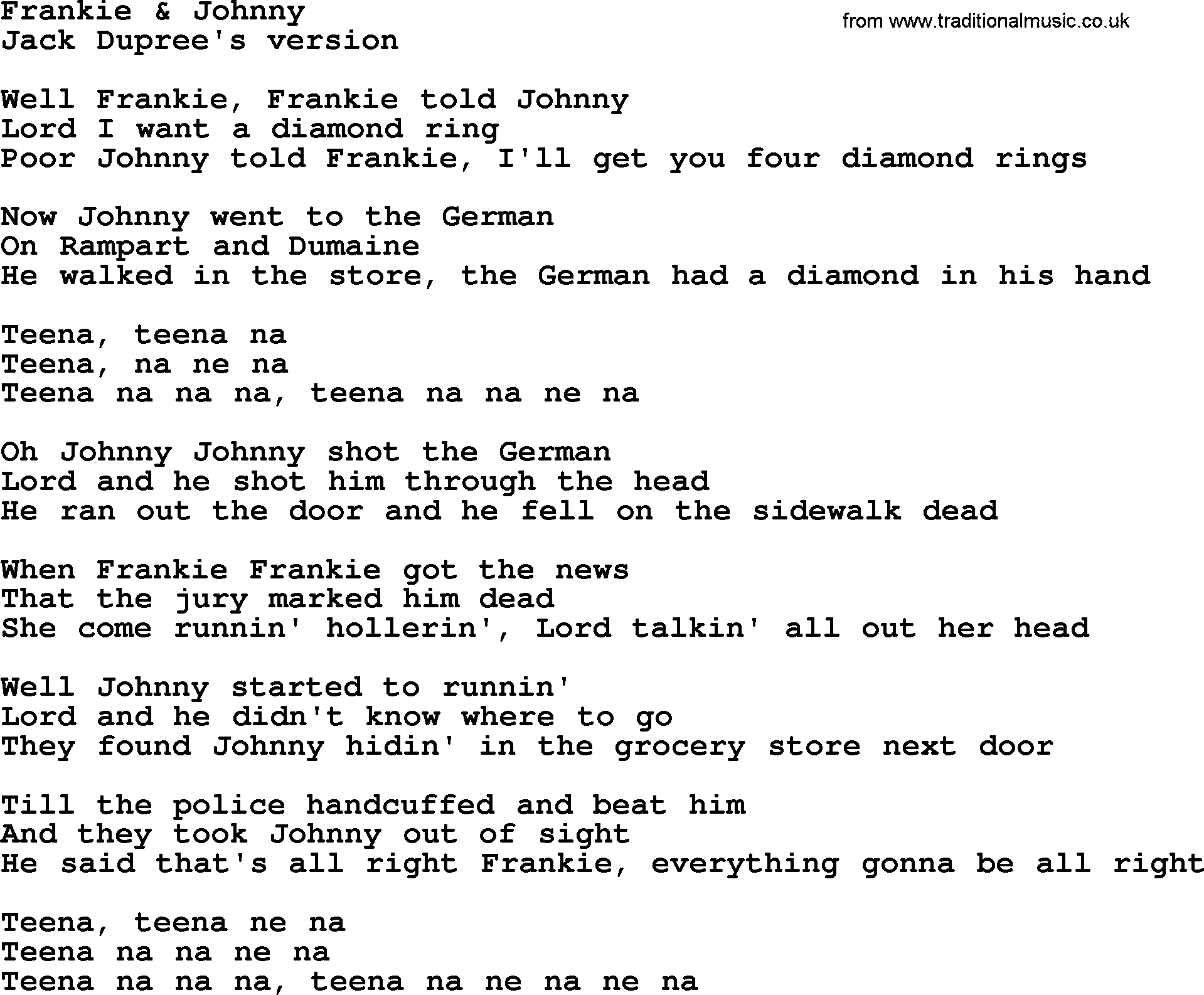 The Byrds song Frankie & Johnny, lyrics