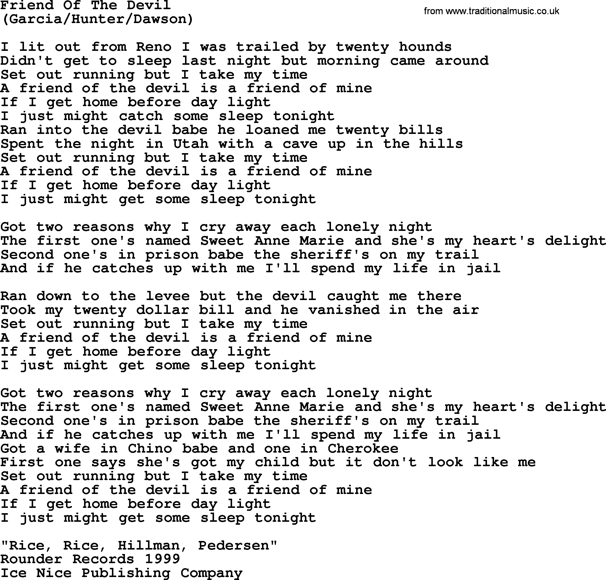 The Byrds song Friend Of The Devil, lyrics