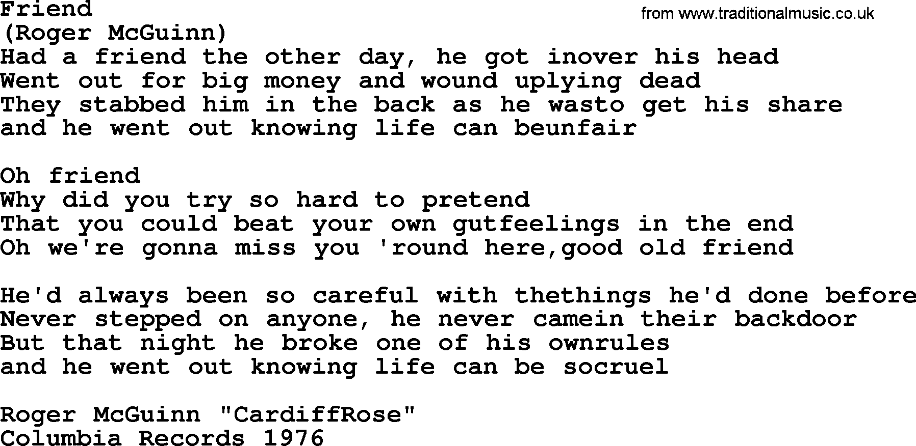The Byrds song Friend, lyrics