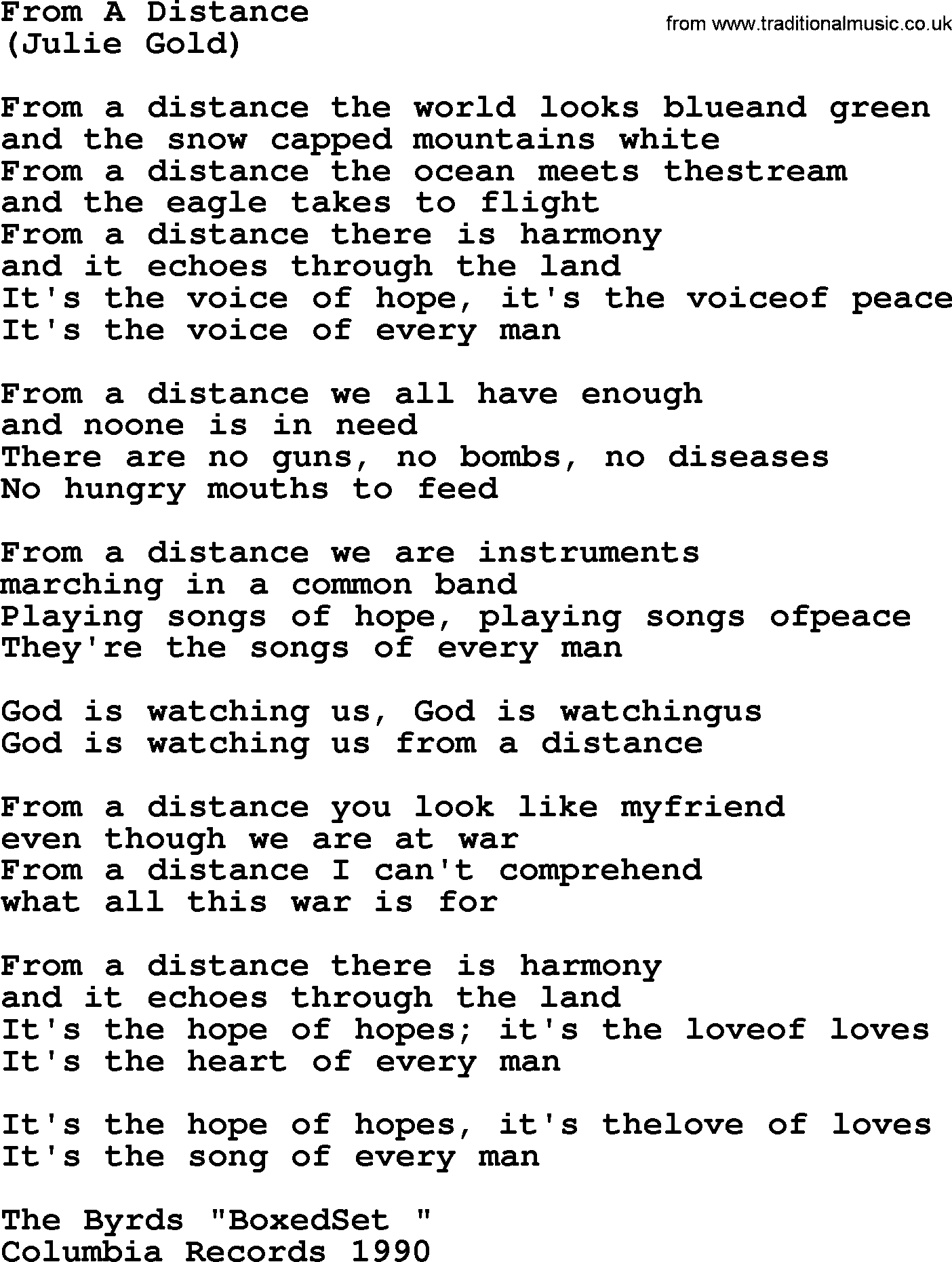 The Byrds song From A Distance, lyrics