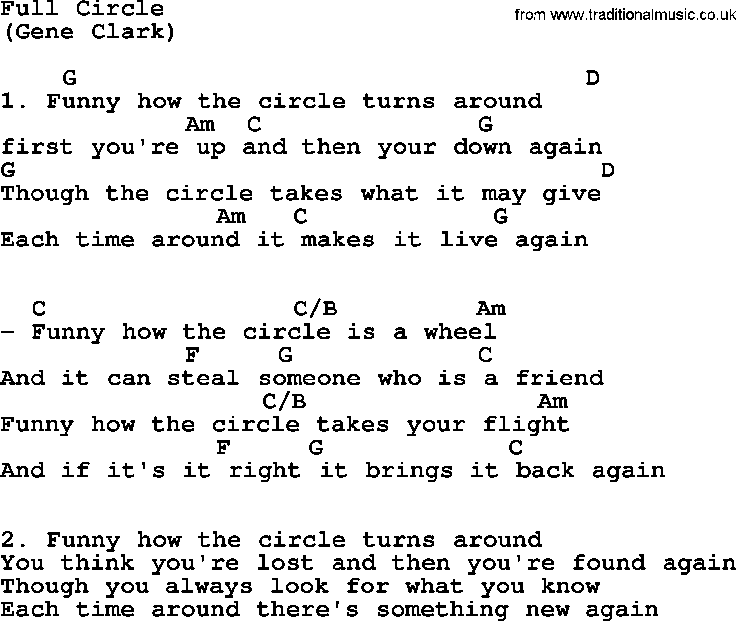 The Byrds song Full Circle, lyrics and chords