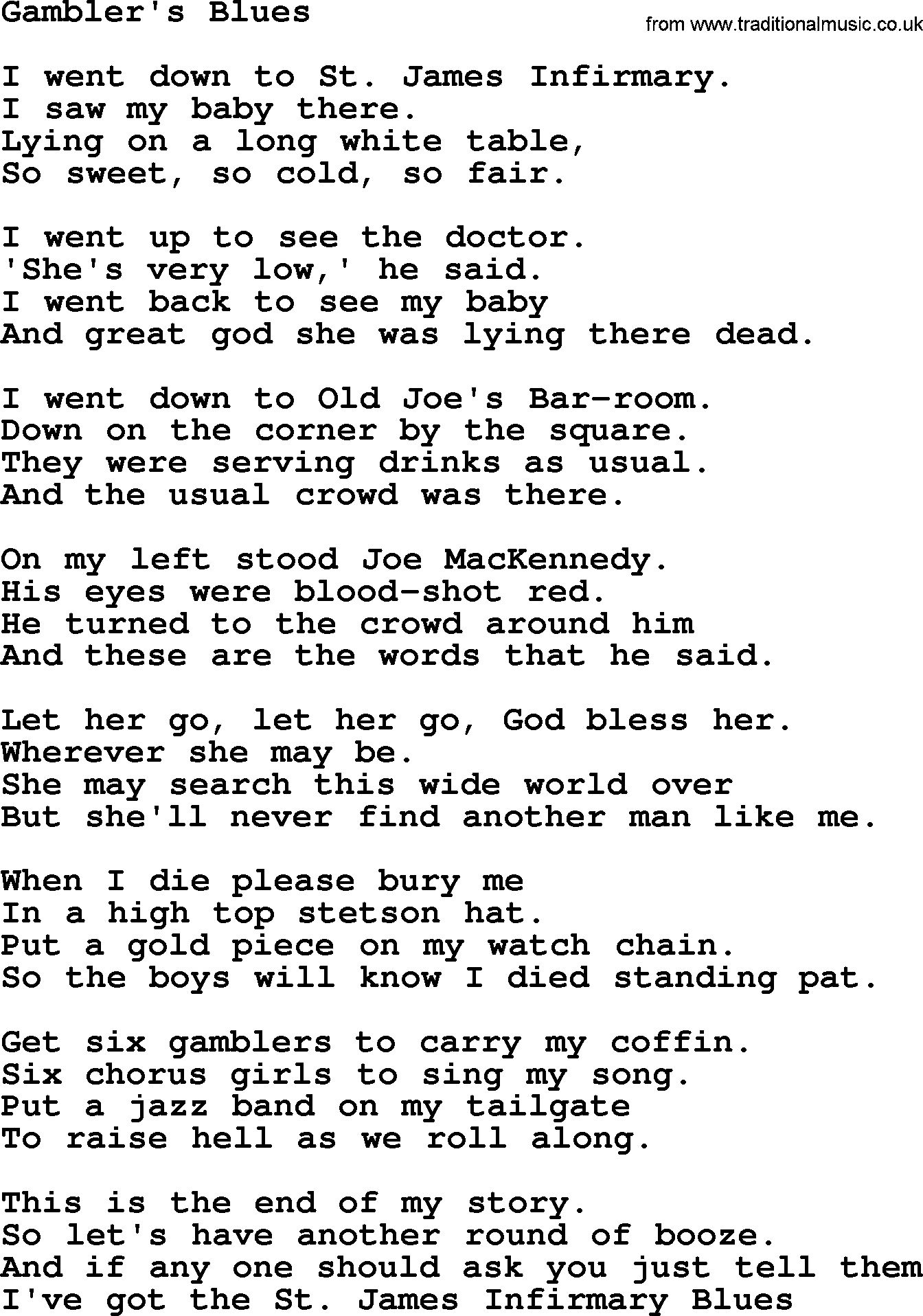 The Byrds song Gambler's Blues, lyrics