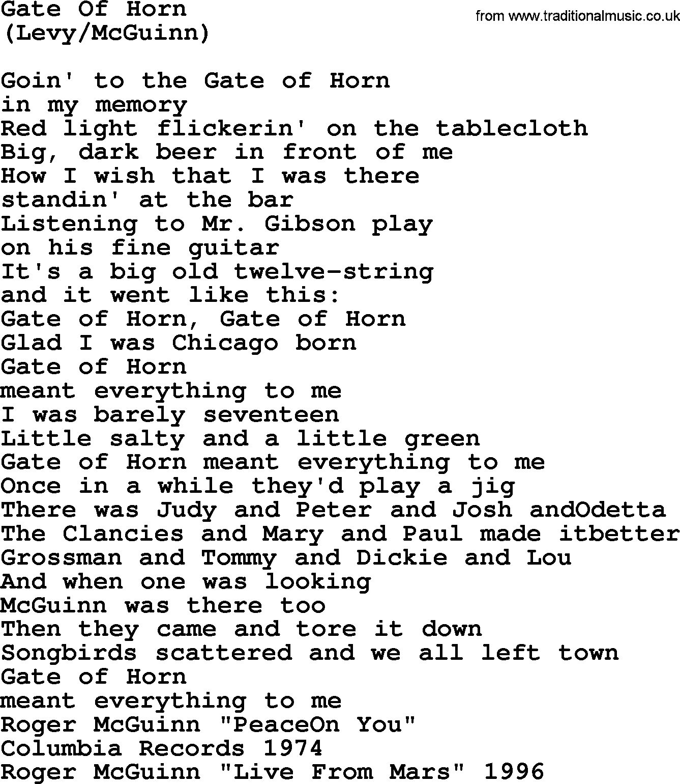 The Byrds song Gate Of Horn, lyrics
